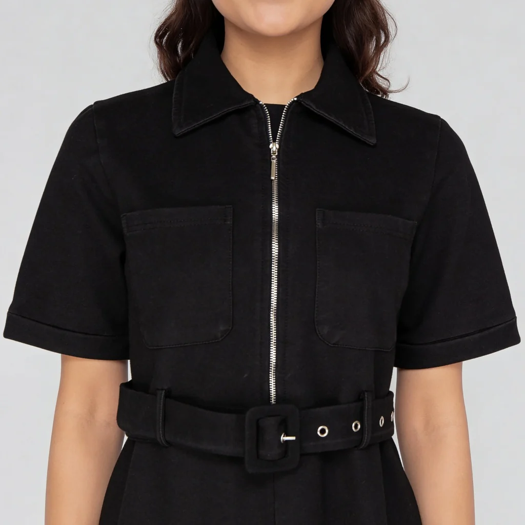 Solid Knee Length Knitted Indigo Pull On Zipper Dress With Belt Look - Image 9