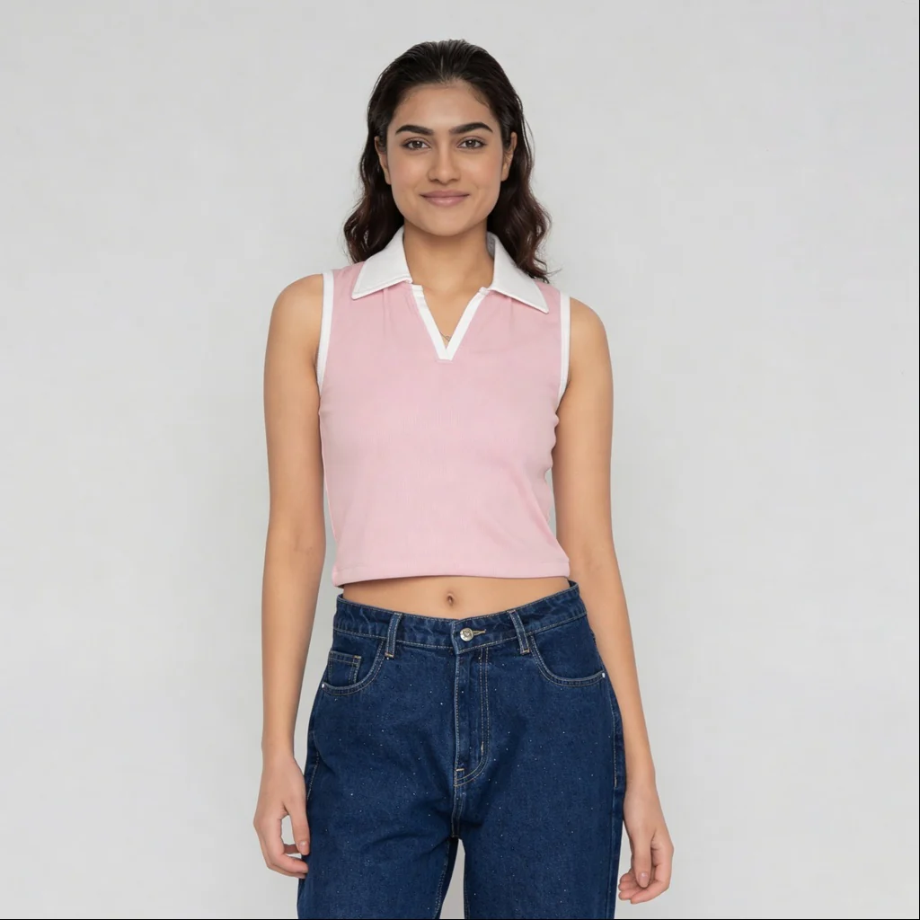 Solid Polo Neck Sleeveless Slim Fit T-Shirt - Image 2