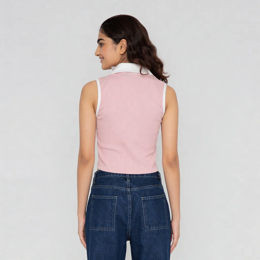 Solid Polo Neck Sleeveless Slim Fit T-Shirt - Image 3