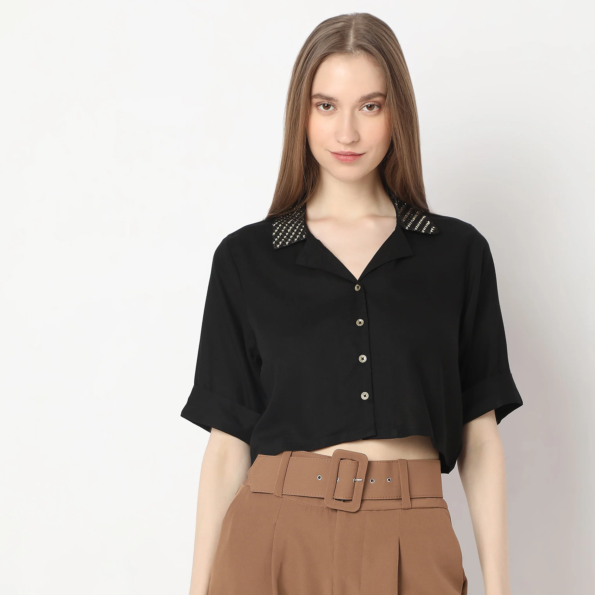 Solid Top With Embellished Collar Crop Top - Image 2