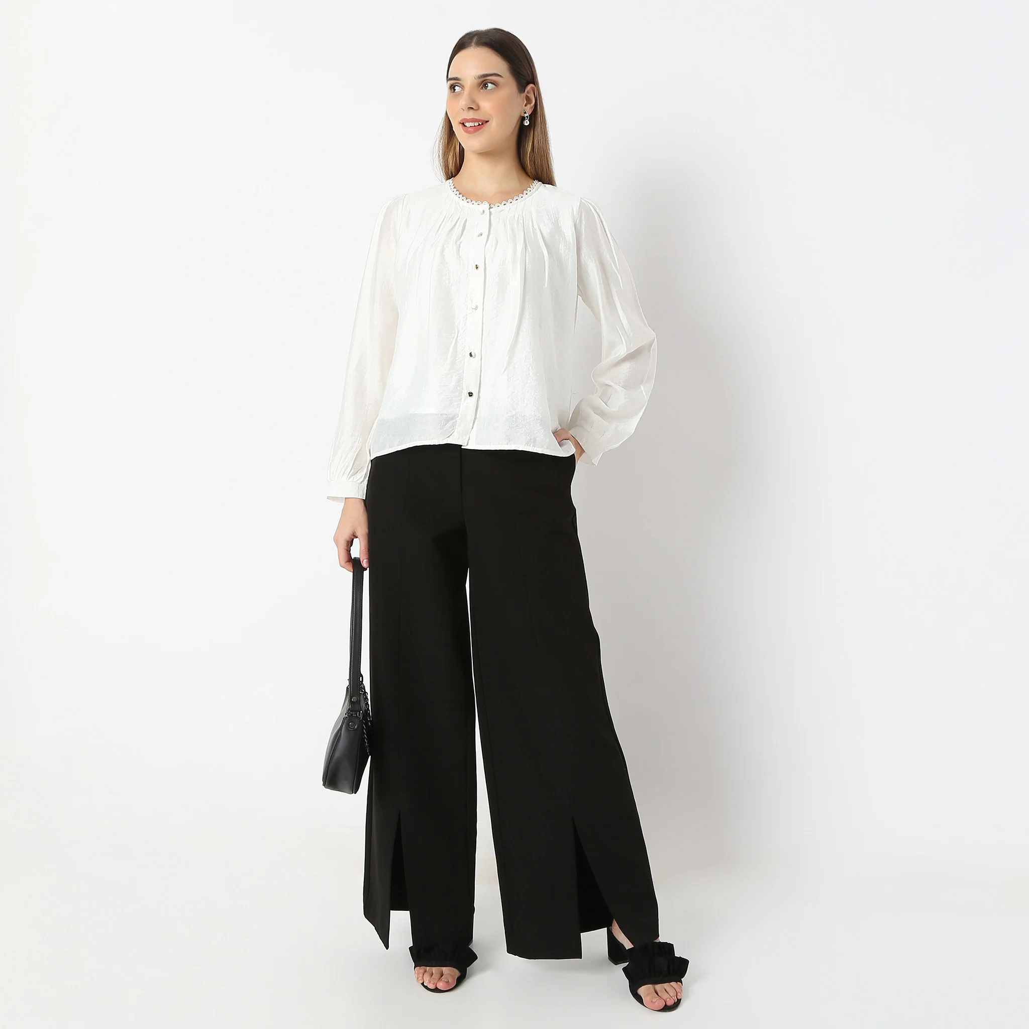 Solid U-Neck Full Sleeve Woven Top