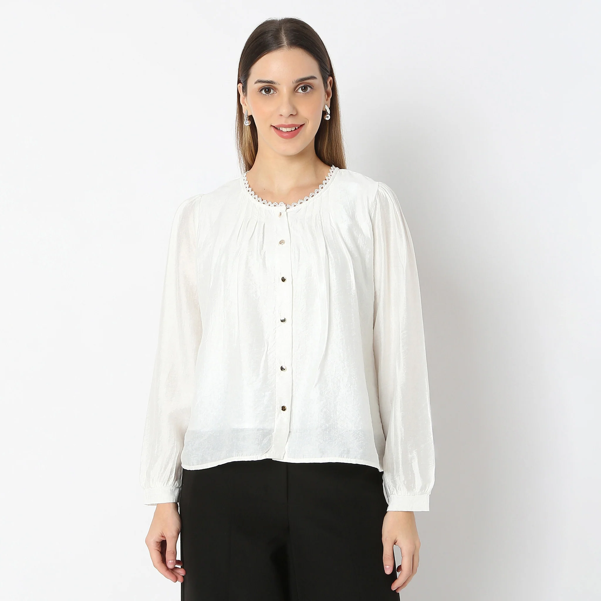 Solid U-Neck Full Sleeve Woven Top - Image 2