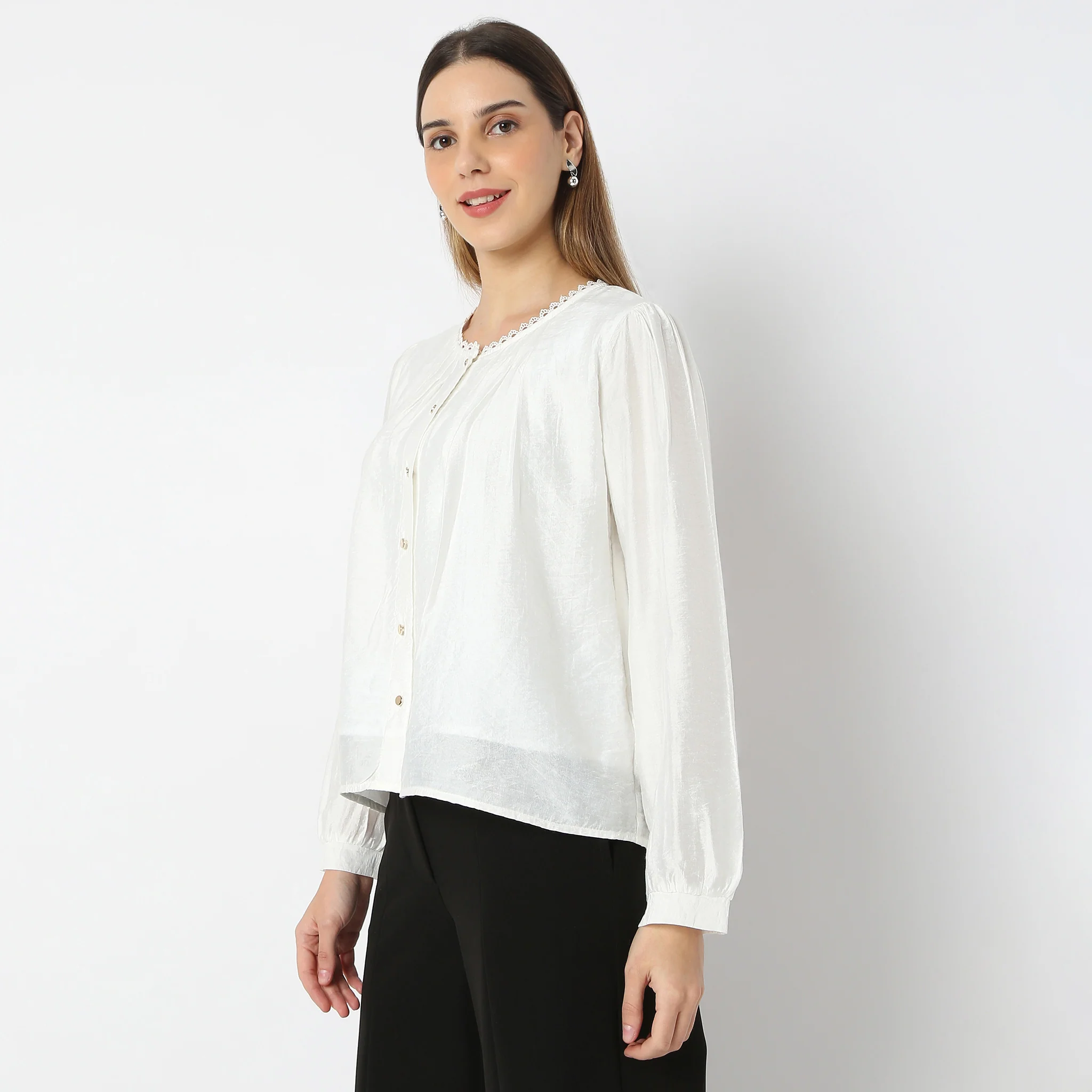 Solid U-Neck Full Sleeve Woven Top - Image 5
