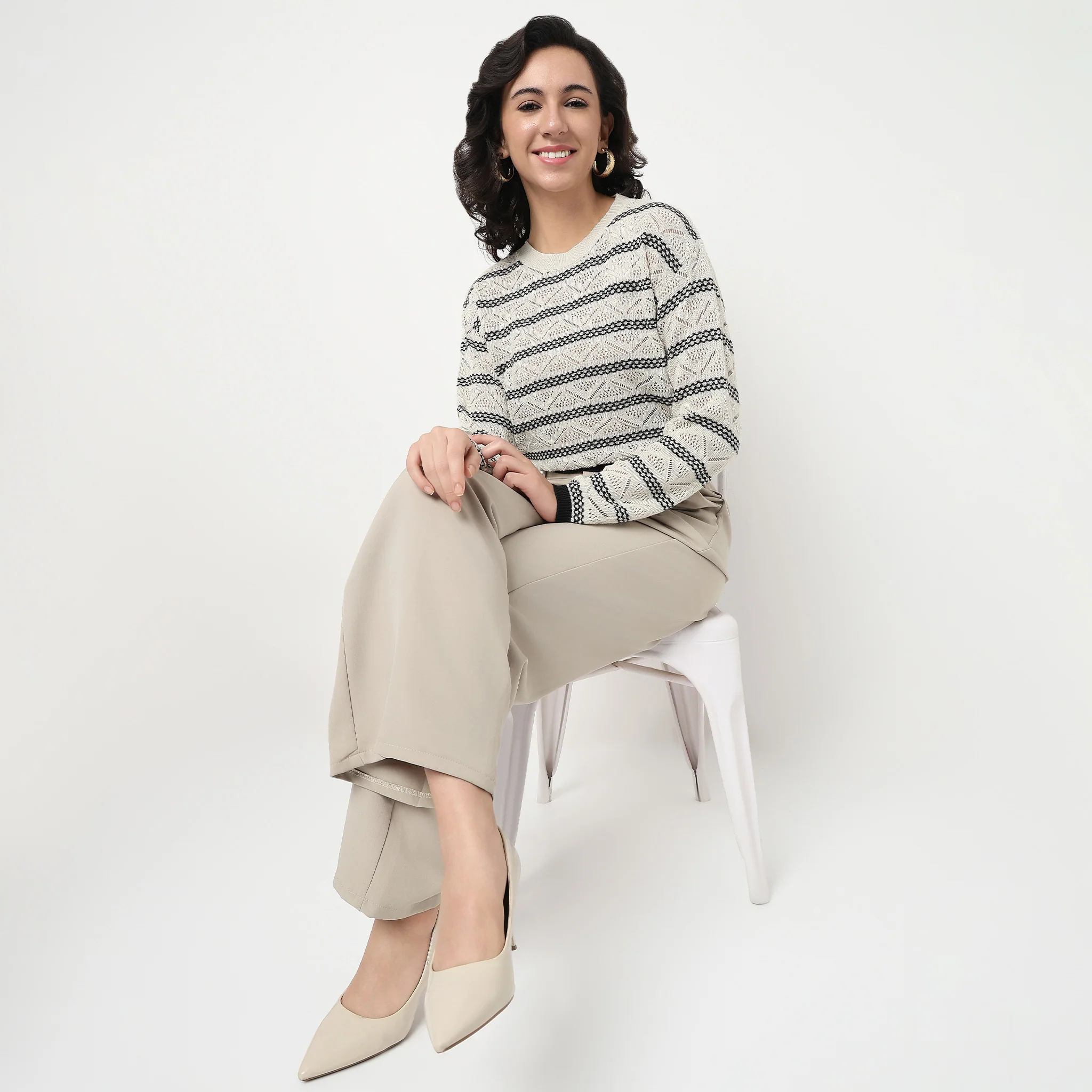 Stipped Flat Knit Cropped Sweater