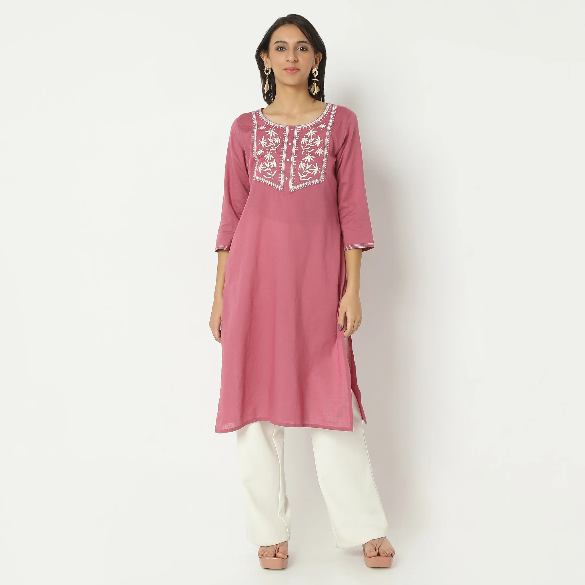 Straight Fit Embroiderd Calf Length Round Neck Kurta - Image 2