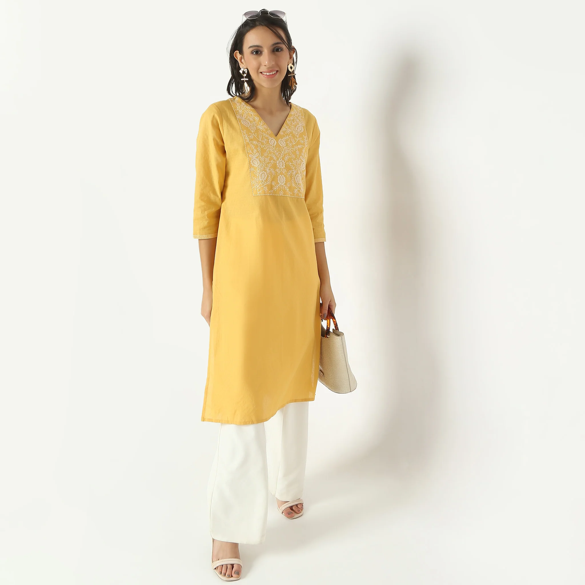 Straight Fit Embroiderd Calf Length V-Neck Kurta