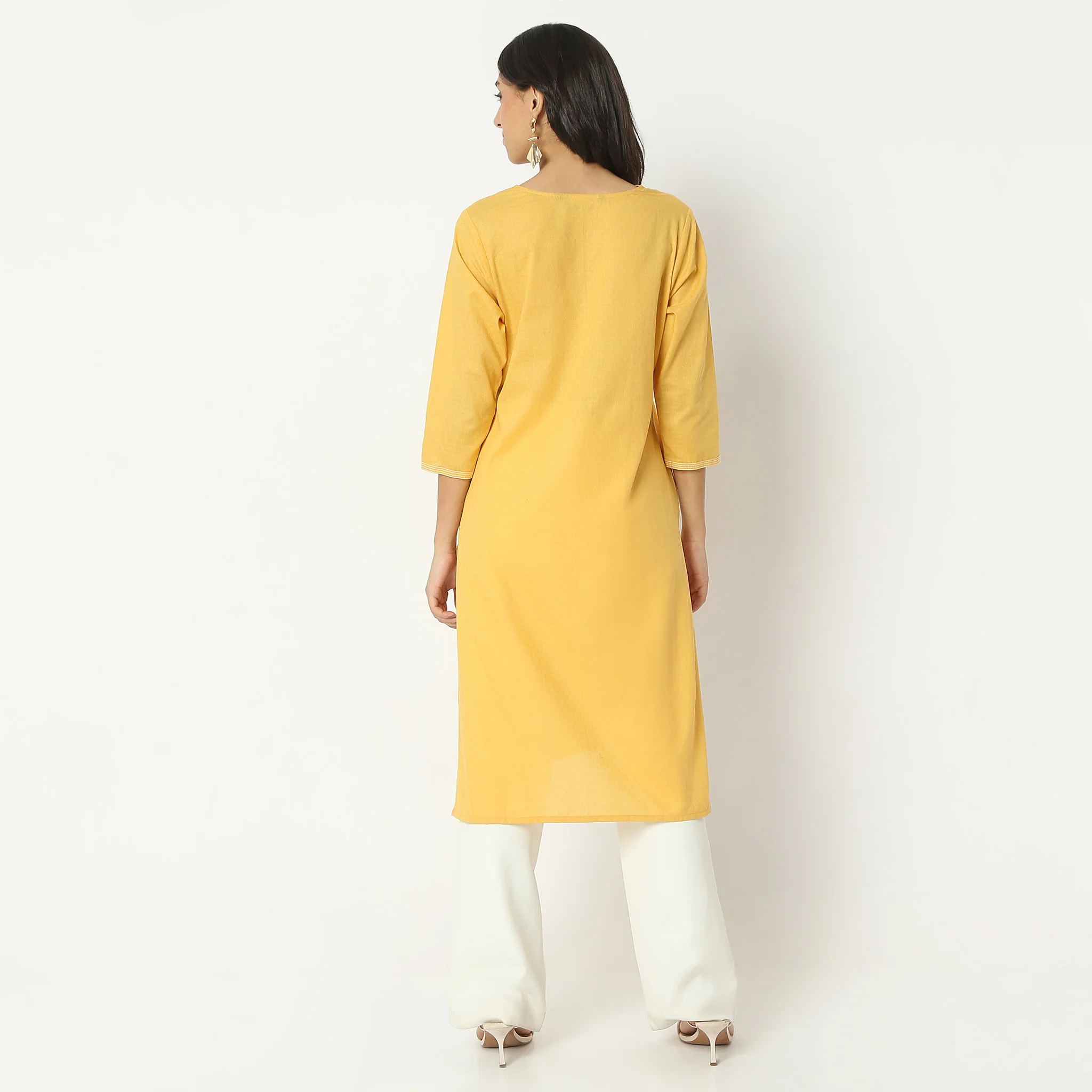 Straight Fit Embroiderd Calf Length V-Neck Kurta - Image 3
