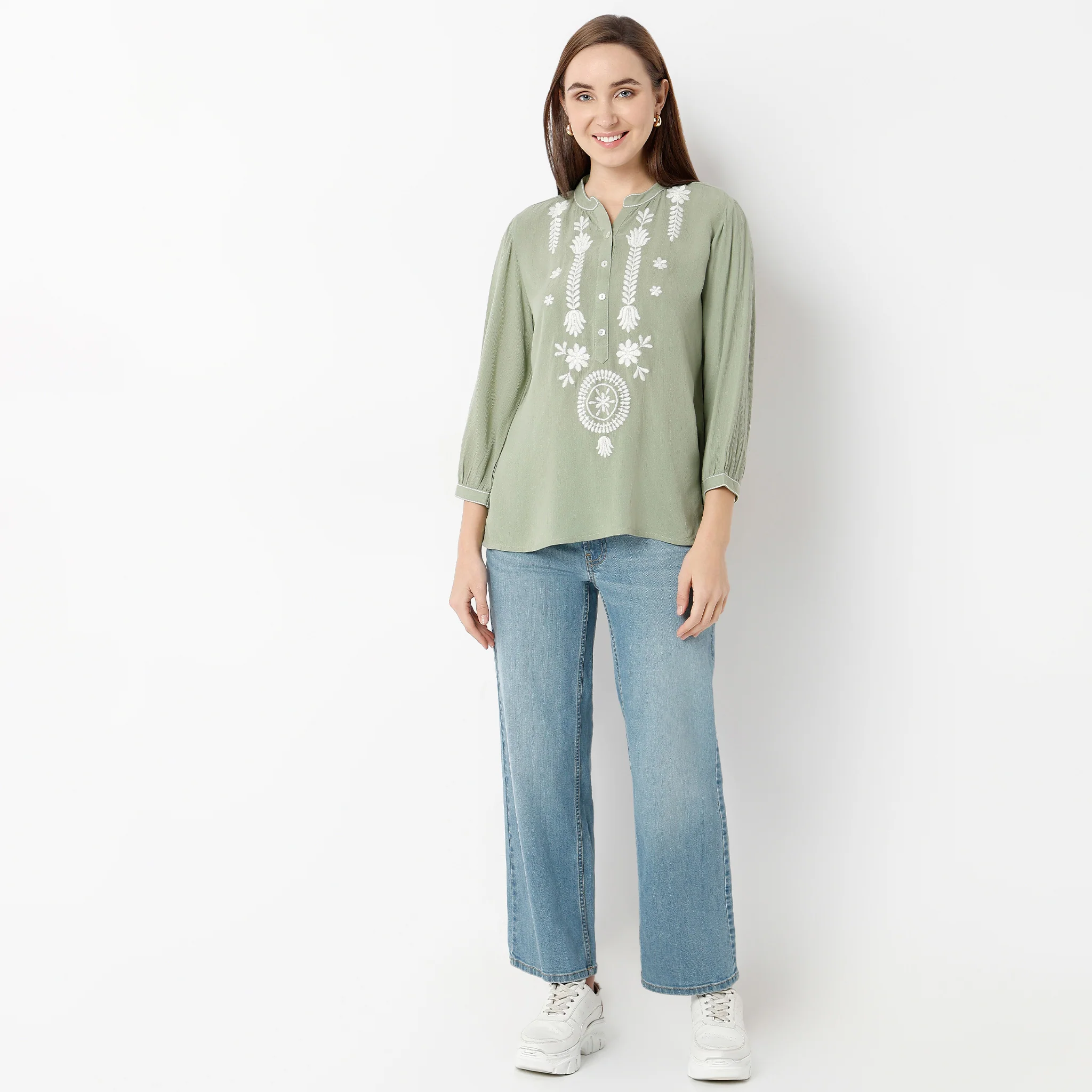 Band Neck Three-Fourth Sleeve Straight Fit Embroidered Tunic