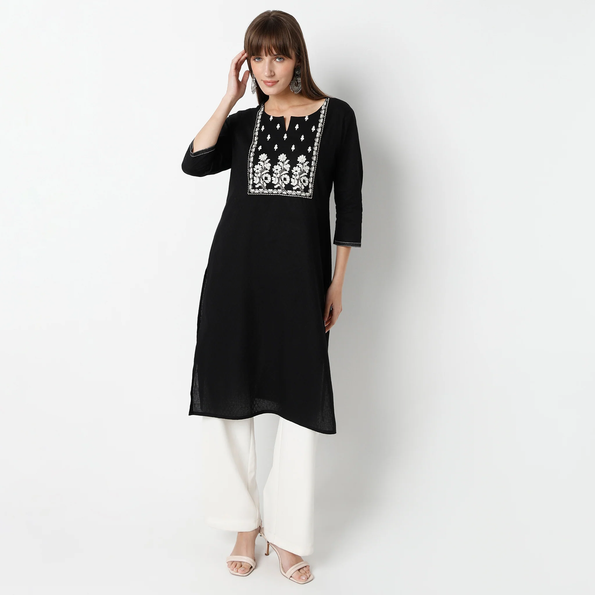 Straight Fit Calf Length Straight Embroidered Yoke - Cotton Dobby Long Kurta