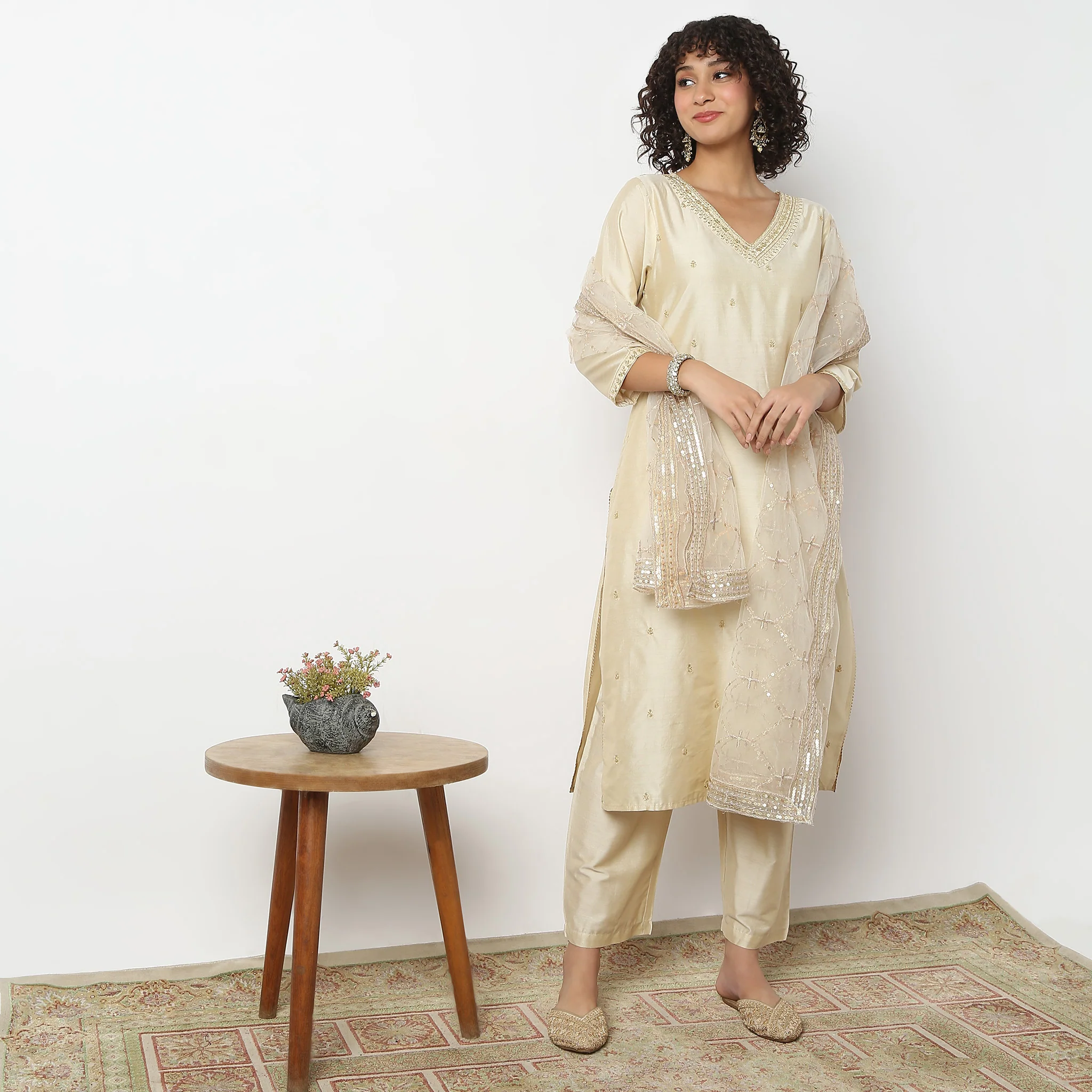 Straight Fit Embroidered Kurta And Pant With Dupatta Set