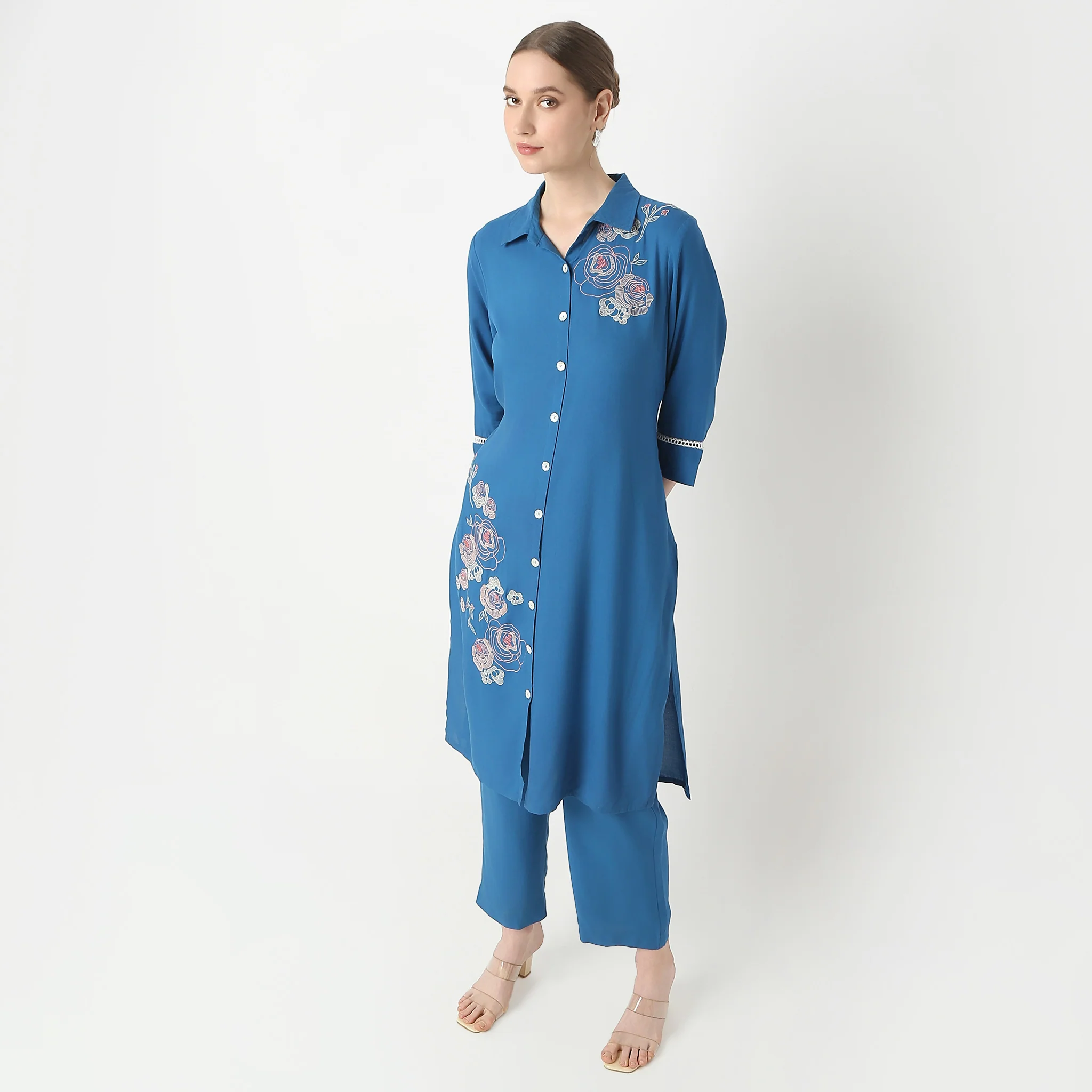 Straight Fit Shirt Collar Straight Kurta With Pant Set
