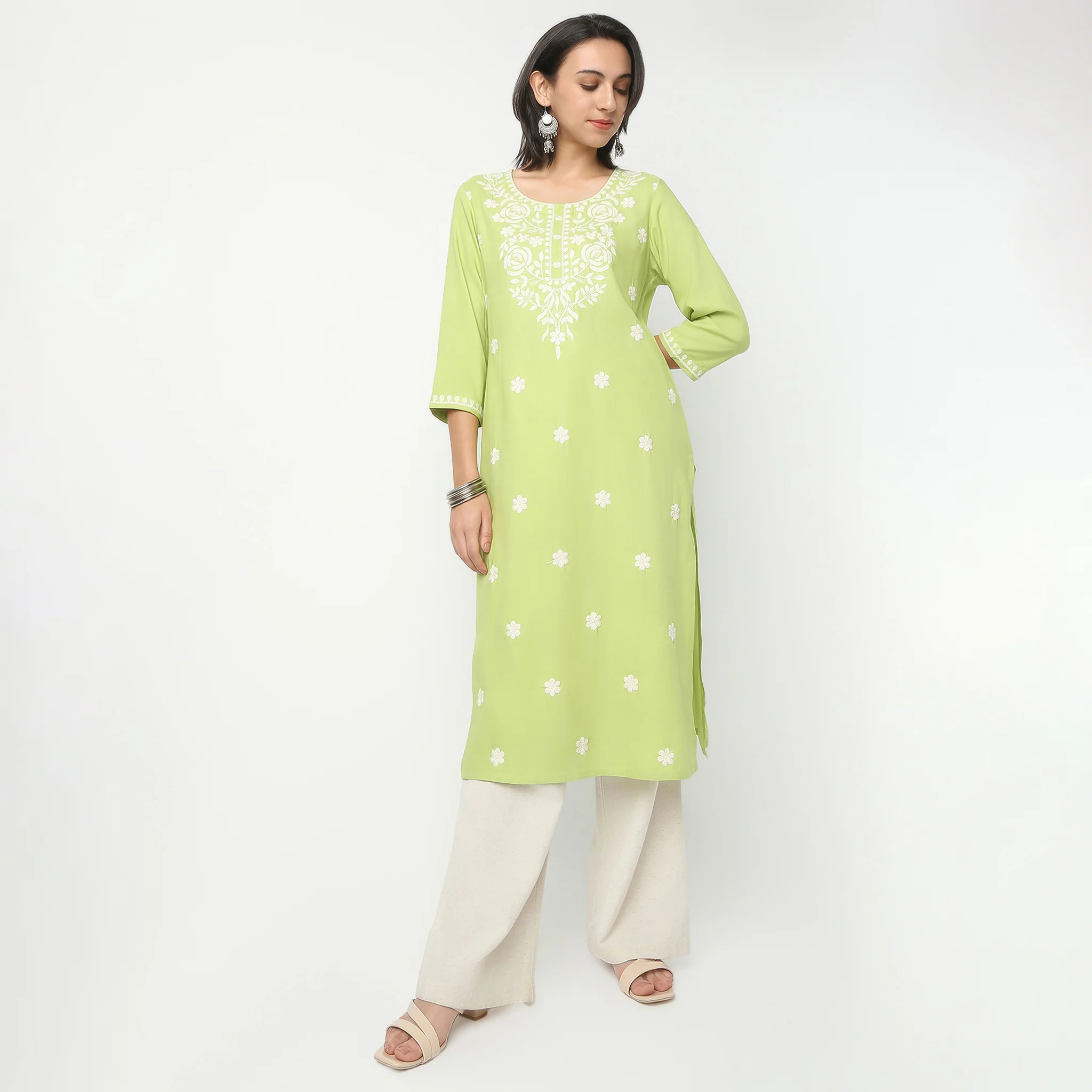 Round Neck Below Knee Three-Fourth Sleeve Straight Fit Embroidered Kurta
