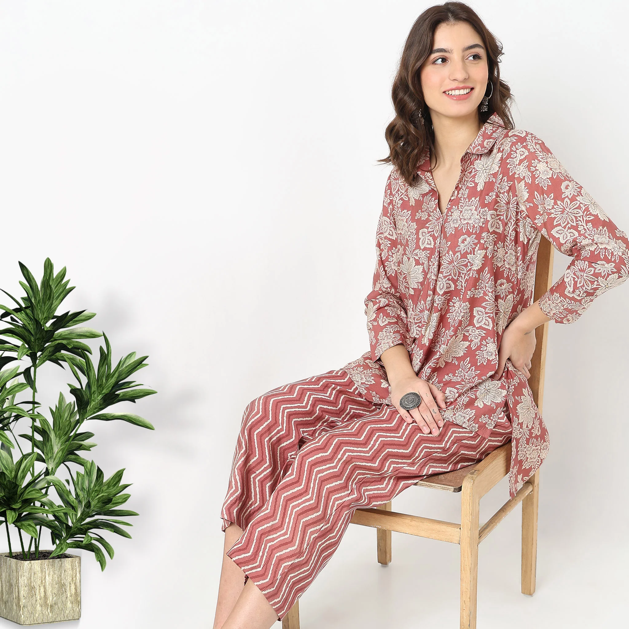 Straight Fit Floral Tunic With Pant Set