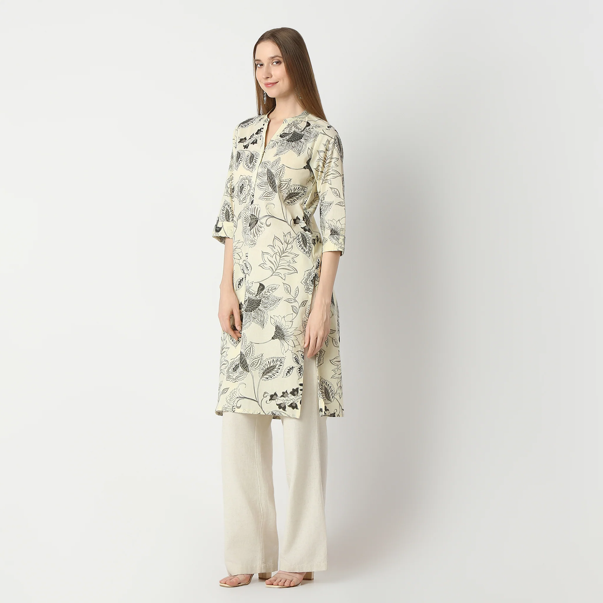 Straight Fit Floral Print Knee Length Half Placket Kurta - Image 5