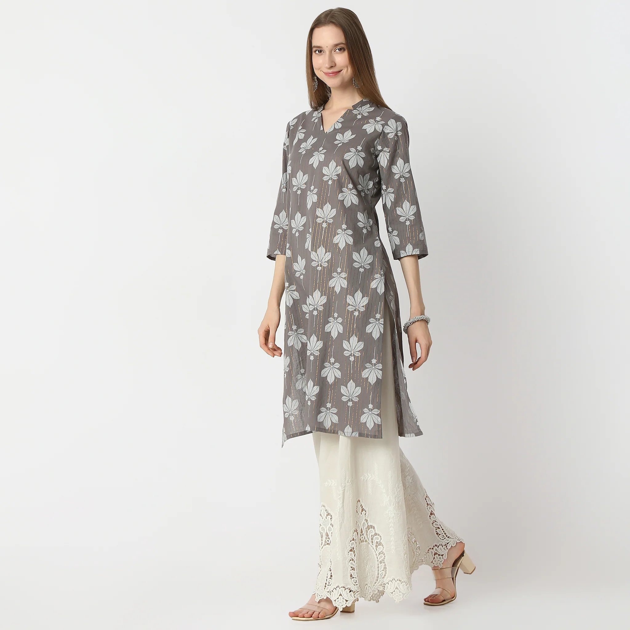 Straight Fit Floral Print V-Neck Long Kurta