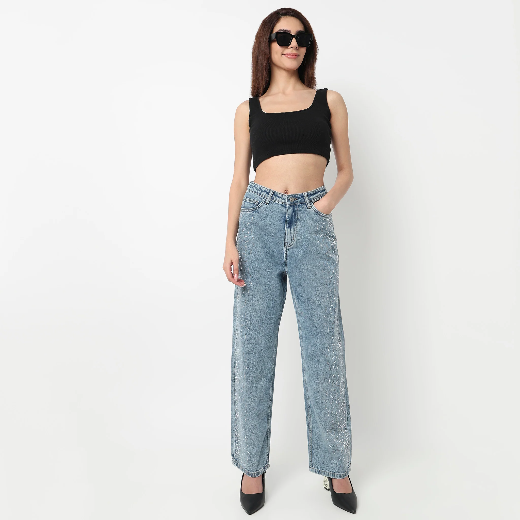 Straight Fit Mirror Stud Denim