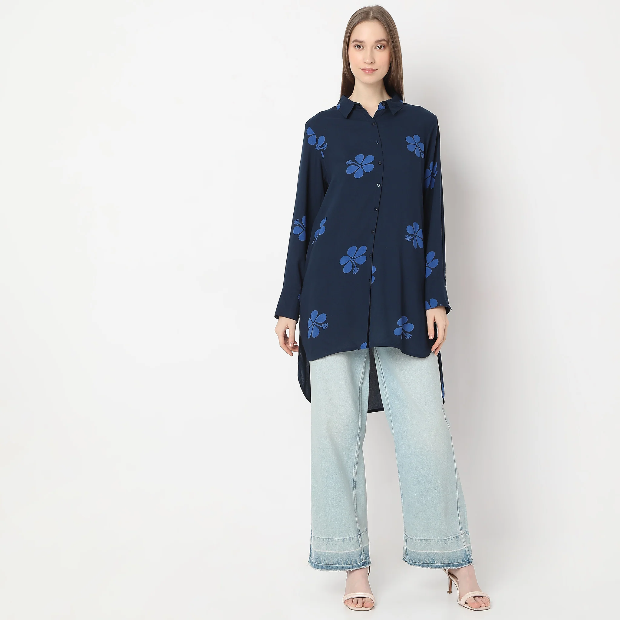 Straight Fit Printed Above Knee Shirt Collar High-Low Full Sleeve Tunic - Image 2