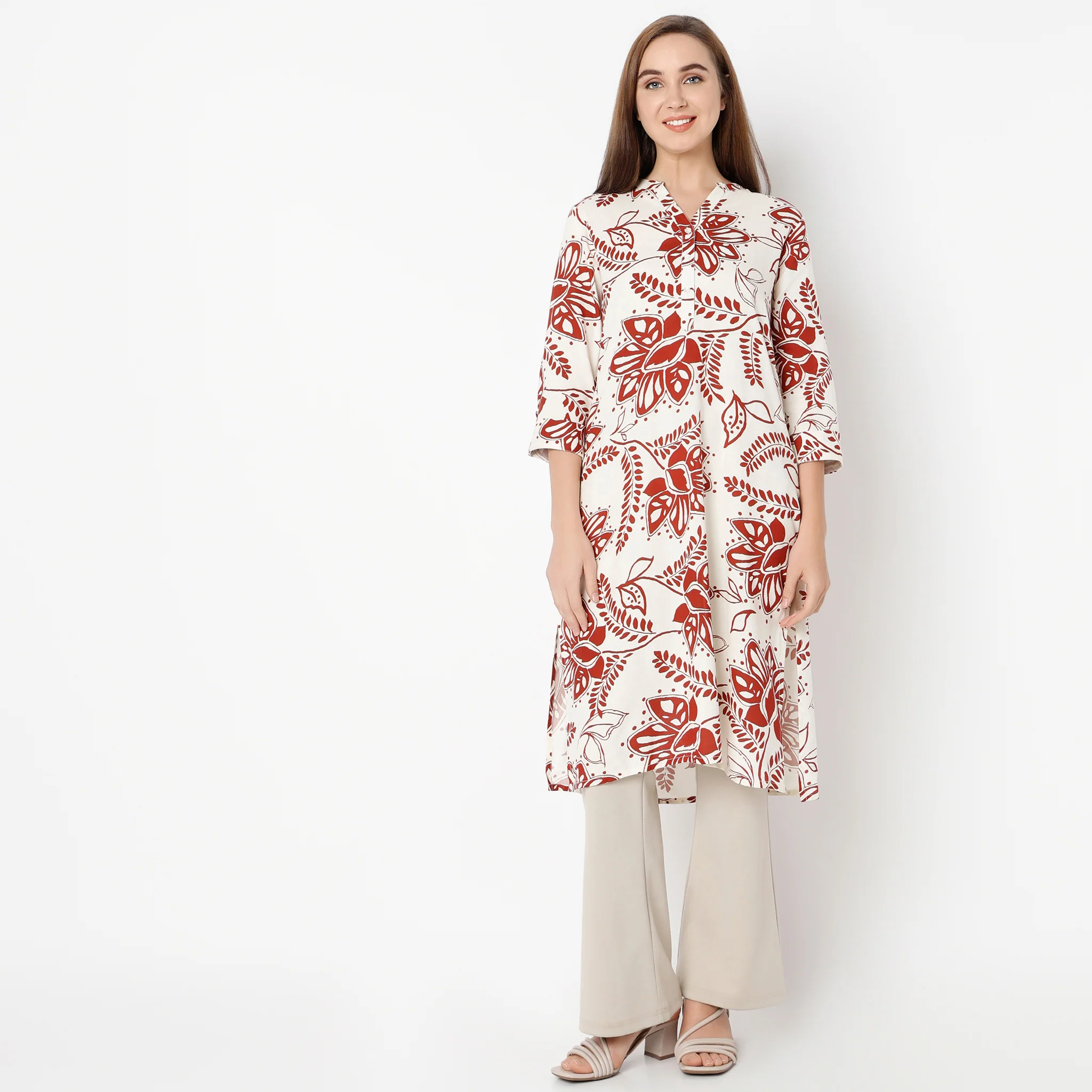 Band Collar Knee Length Three-Fourth Sleeve Printed Kurta - Image 2