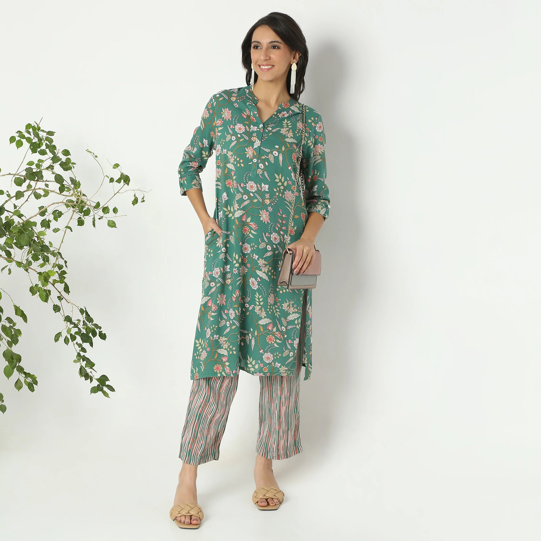 Straight Fit Printed Calf Length Band Neck Kurta