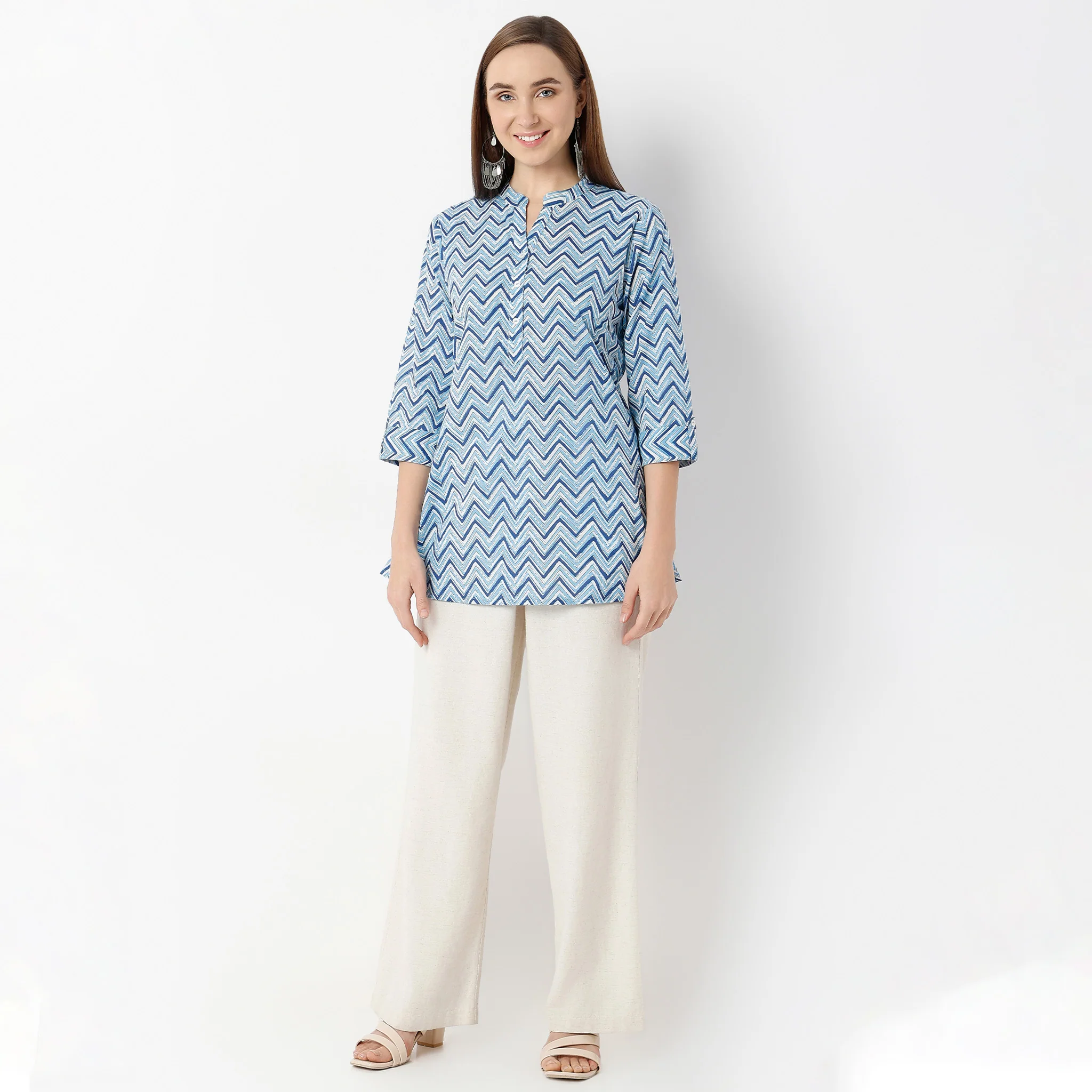 Band Neck Straight Fit Printed Short Kurta