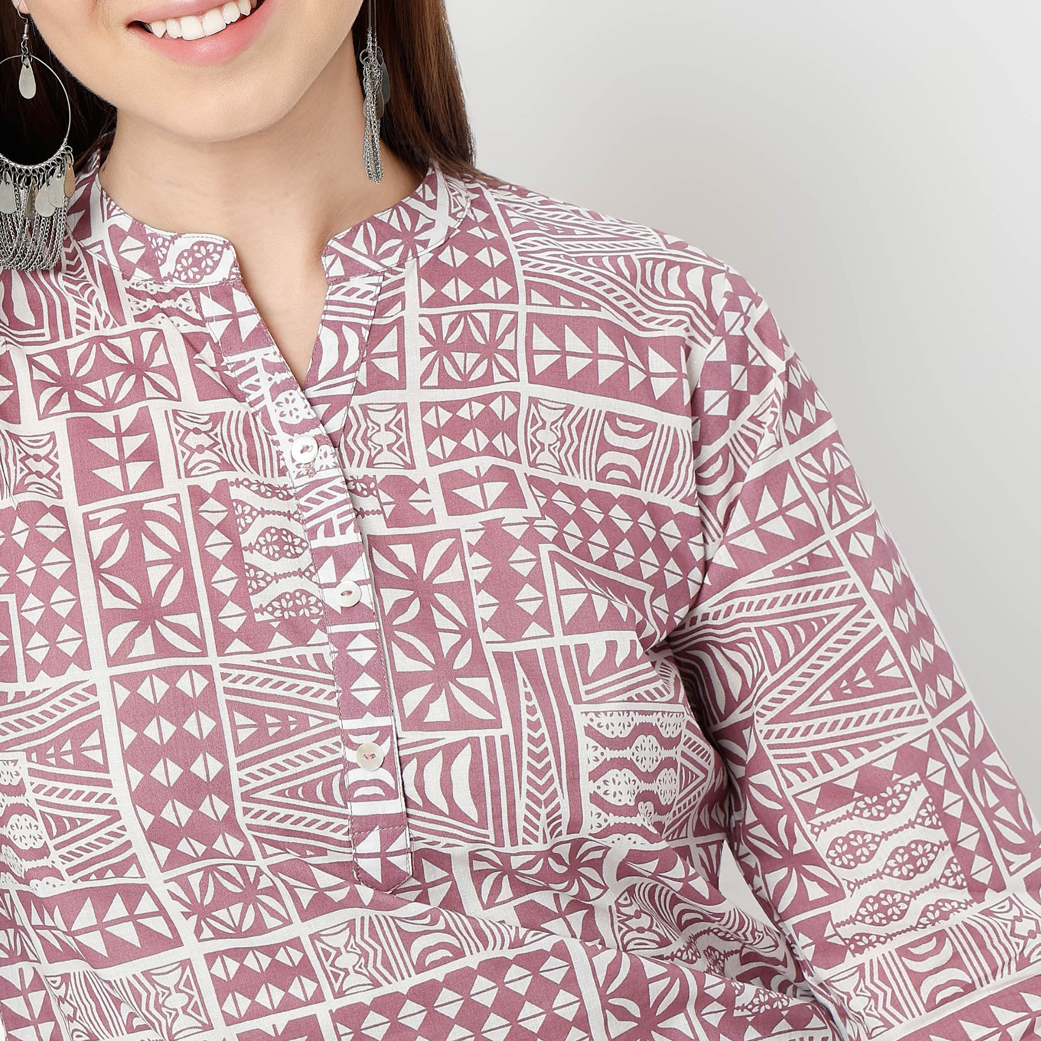 Band Neck Straight Fit Printed Short Kurta - Image 4