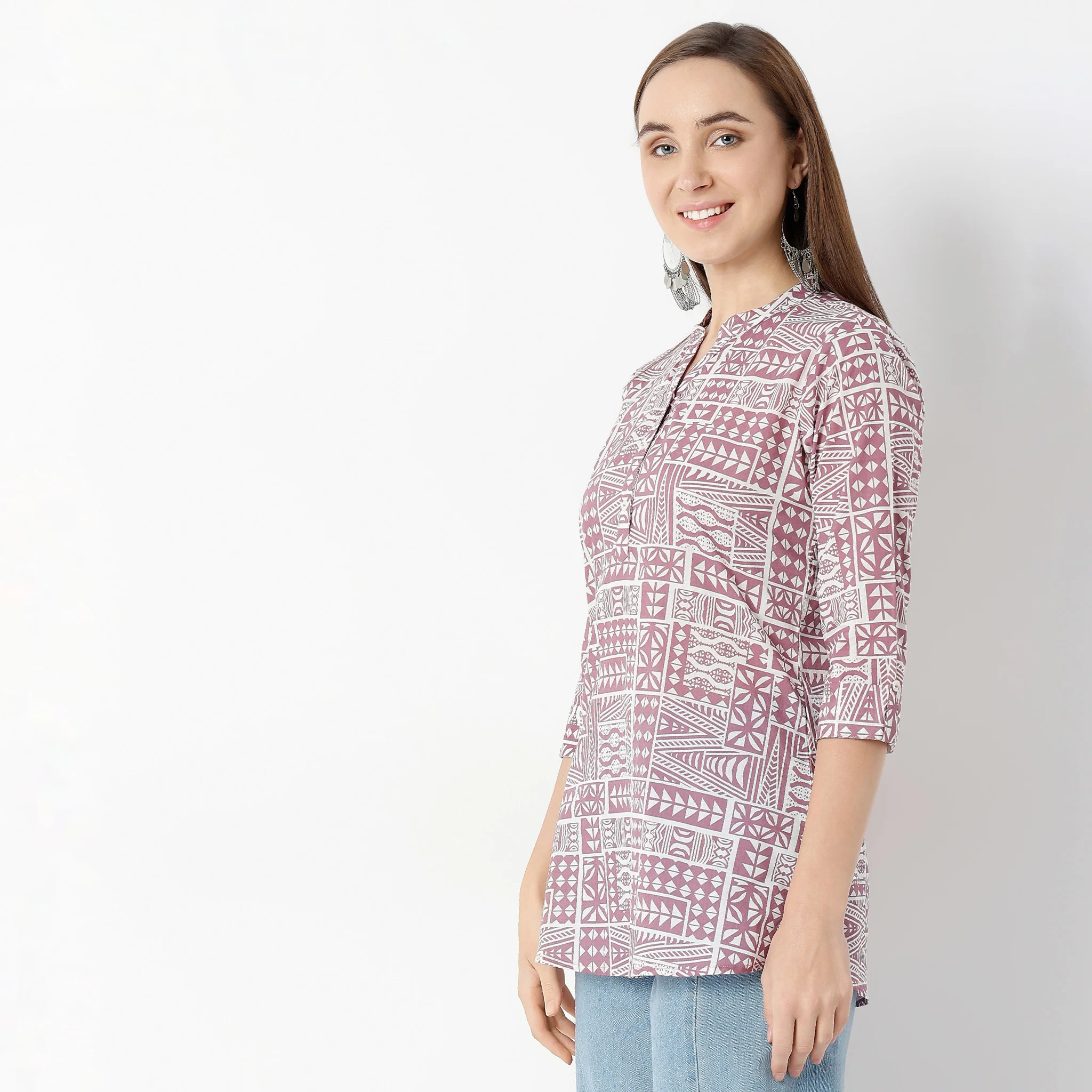 Band Neck Straight Fit Printed Short Kurta - Image 5