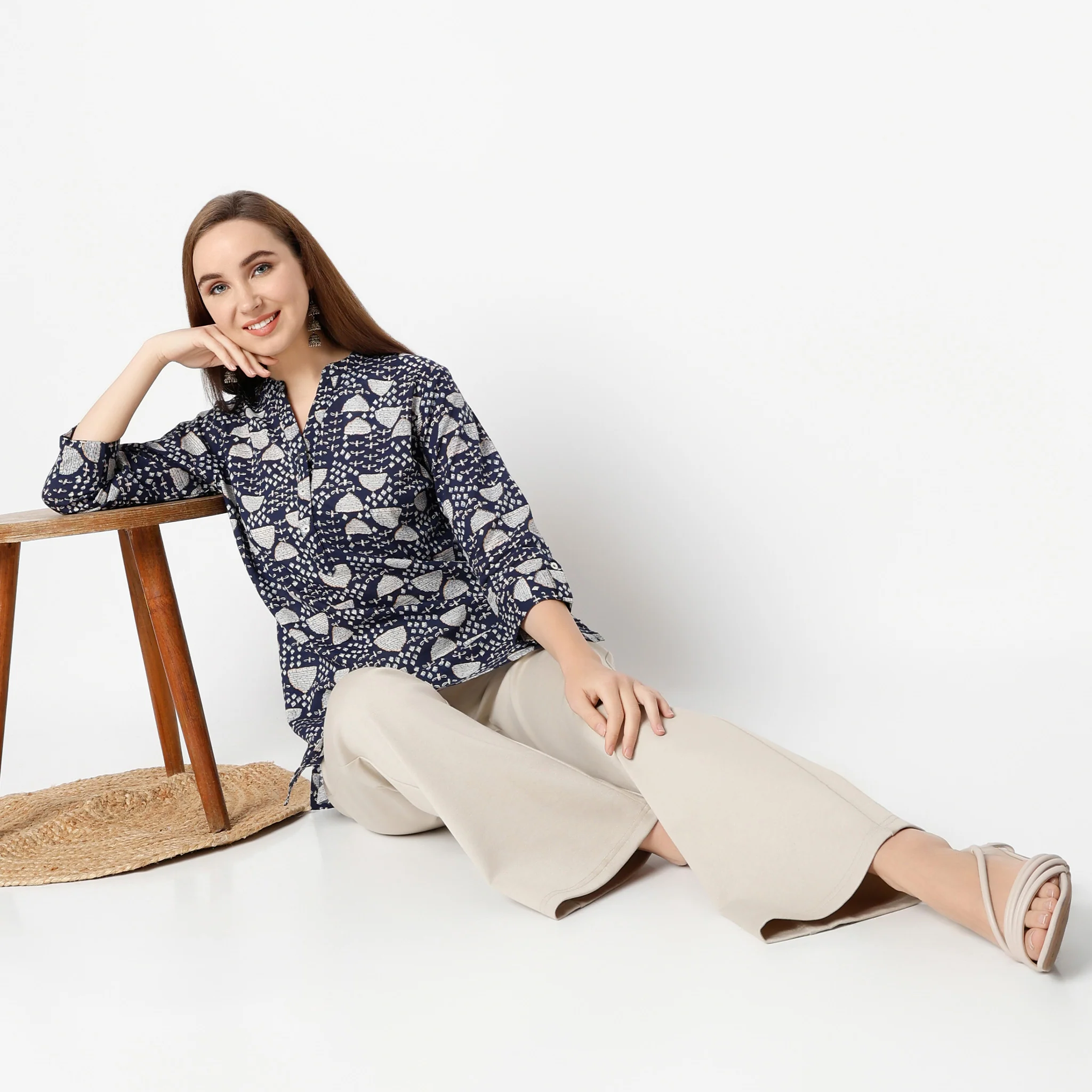 Band Neck Three-Fourth Sleeve Straight Fit Printed Short Kurti