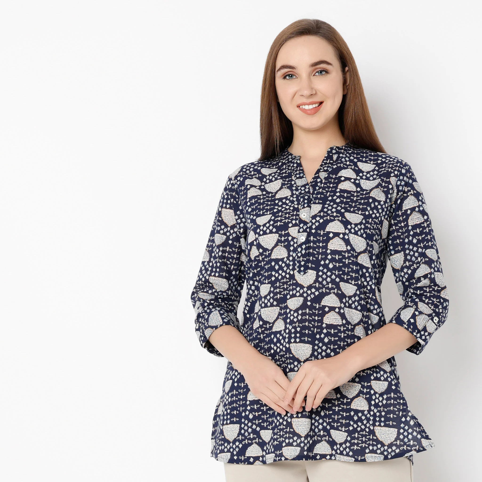 Band Neck Three-Fourth Sleeve Straight Fit Printed Short Kurti - Image 2