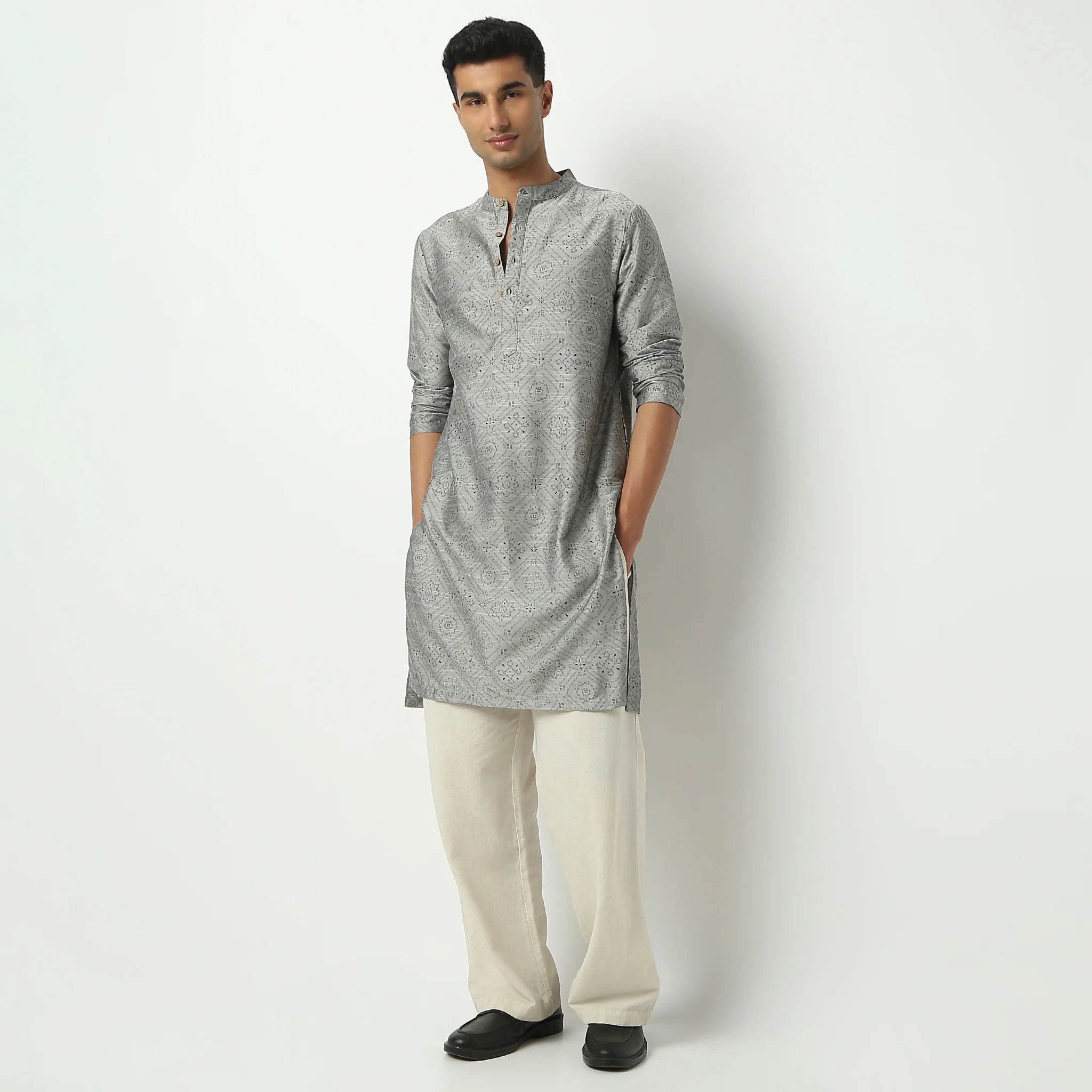Mandarin Collar Knee Length Full Sleeve Printed Long Kurta