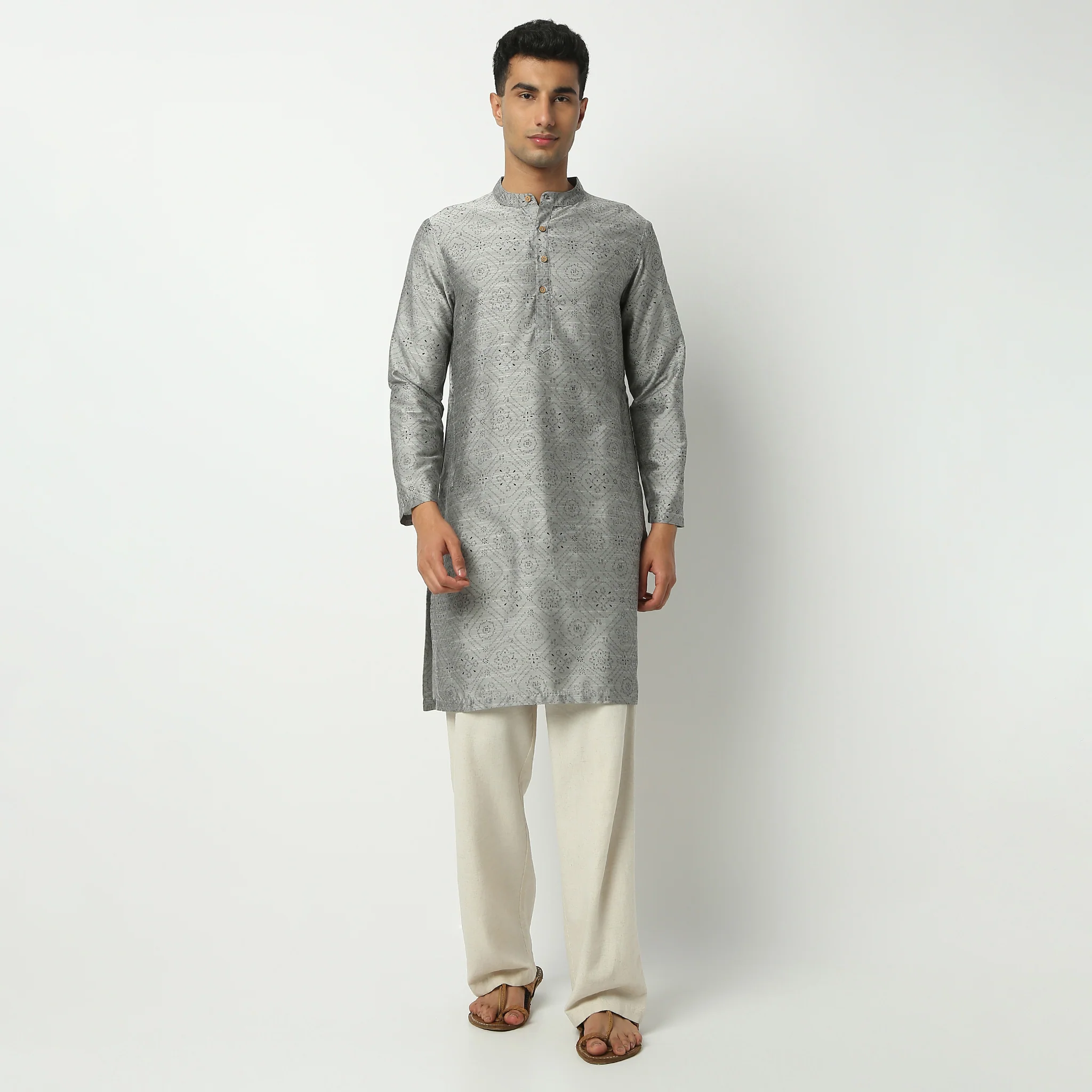 Mandarin Collar Knee Length Full Sleeve Printed Long Kurta - Image 2