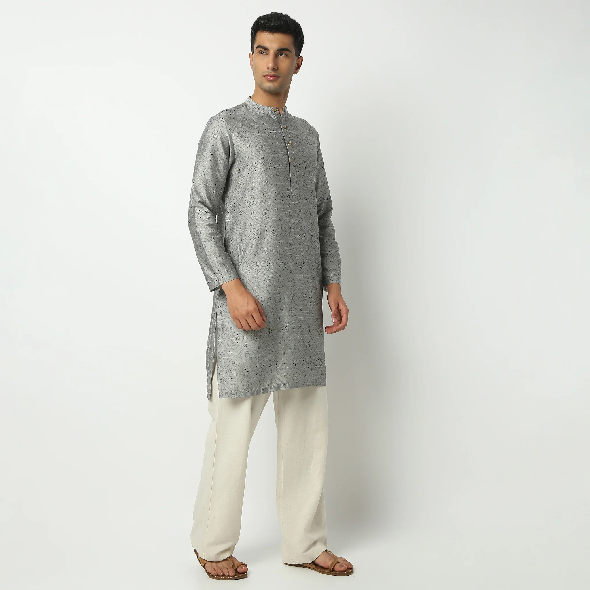 Mandarin Collar Knee Length Full Sleeve Printed Long Kurta - Image 5