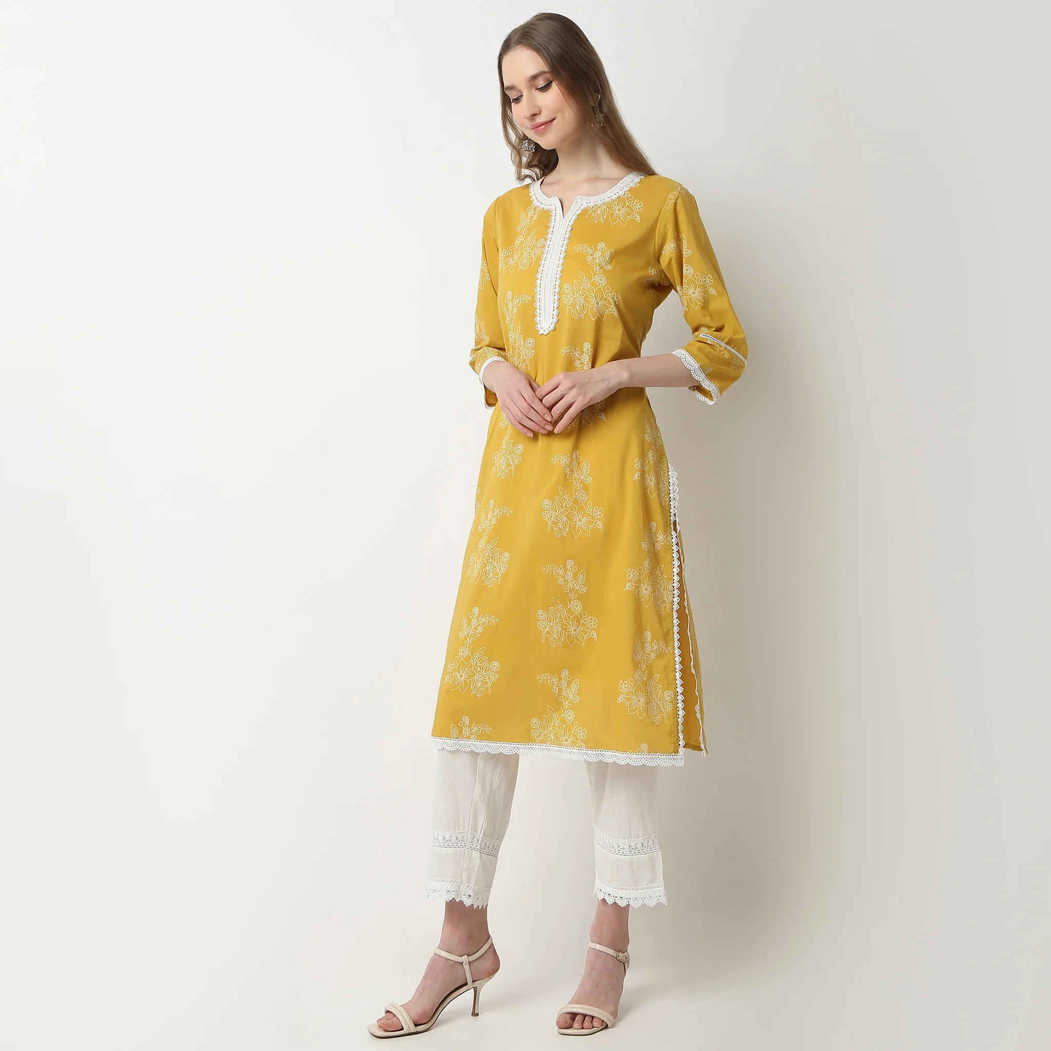 Straight Fit Printed Placket Below Knee Kurta