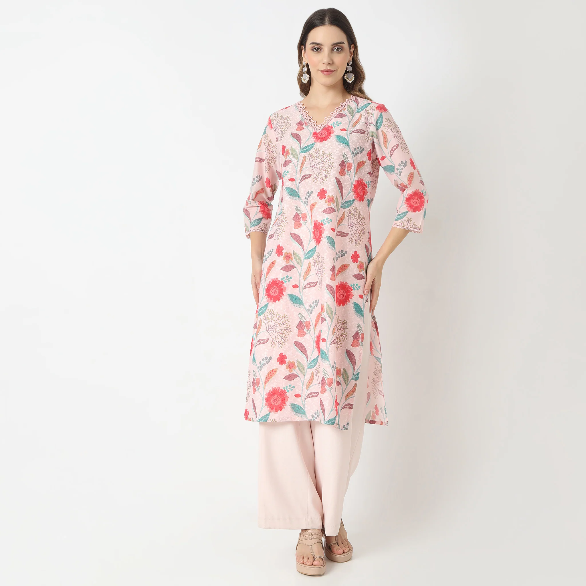 Straight Fit Printed V-Neck Below Knee Kurta - Image 2