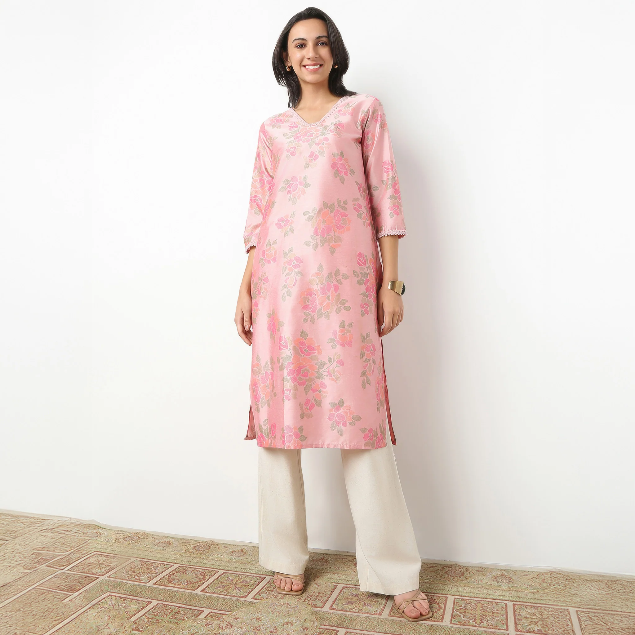 V-Neck Below Knee Three-Fourth Sleeve Straight Fit Printed Placket Kurta