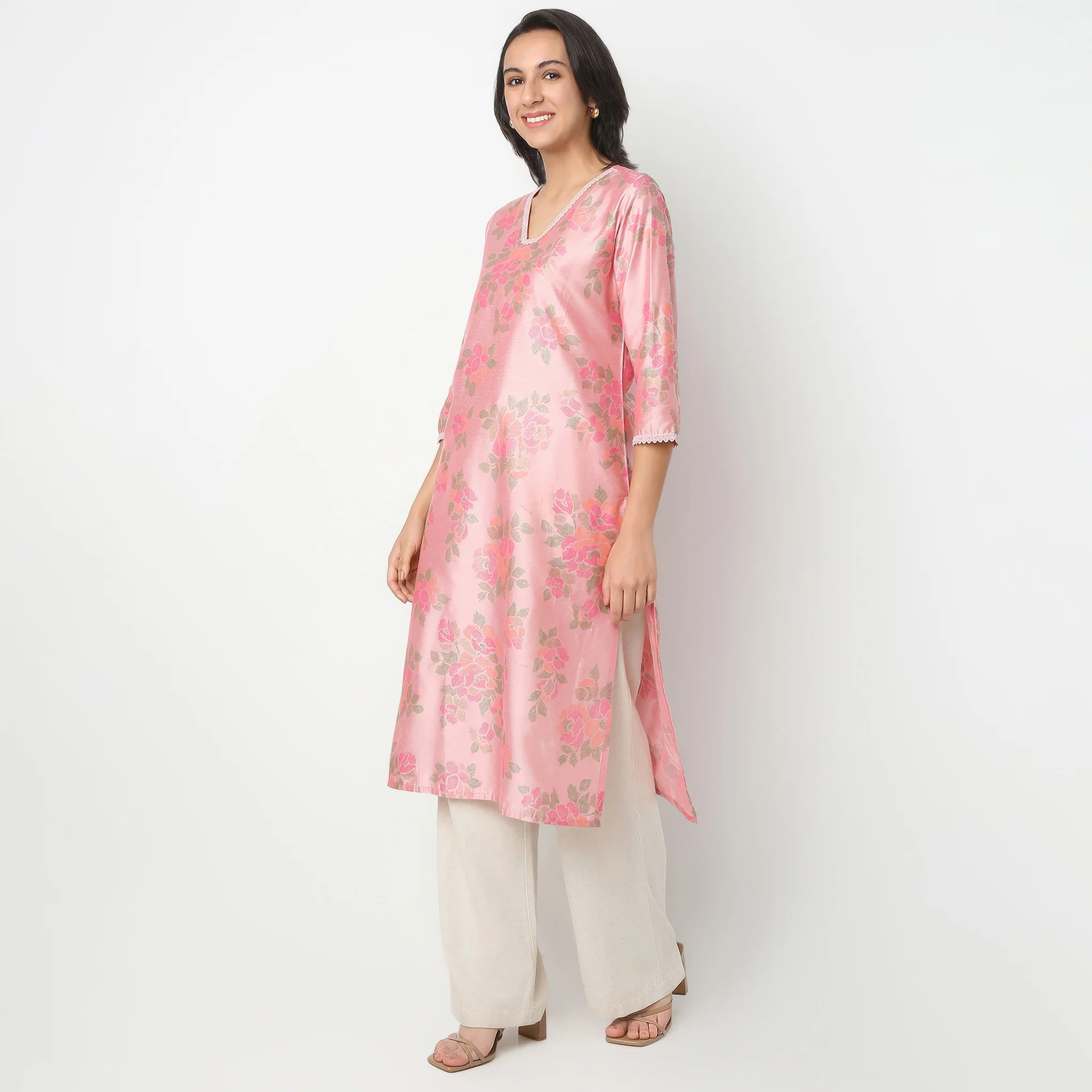V-Neck Below Knee Three-Fourth Sleeve Straight Fit Printed Placket Kurta - Image 5