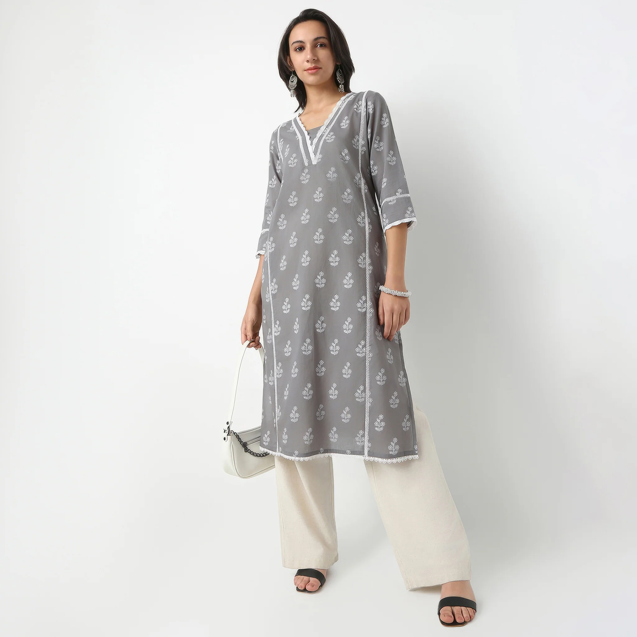 V-Neck Below Knee Three-Fourth Sleeve Straight Fit Printed Kurta