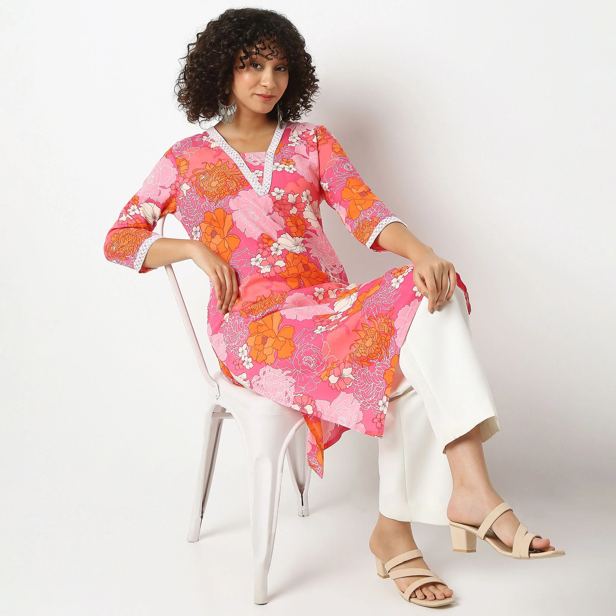 V-Neck Calf Length Three-Fourth Sleeve Straight Fit Printed Kurta