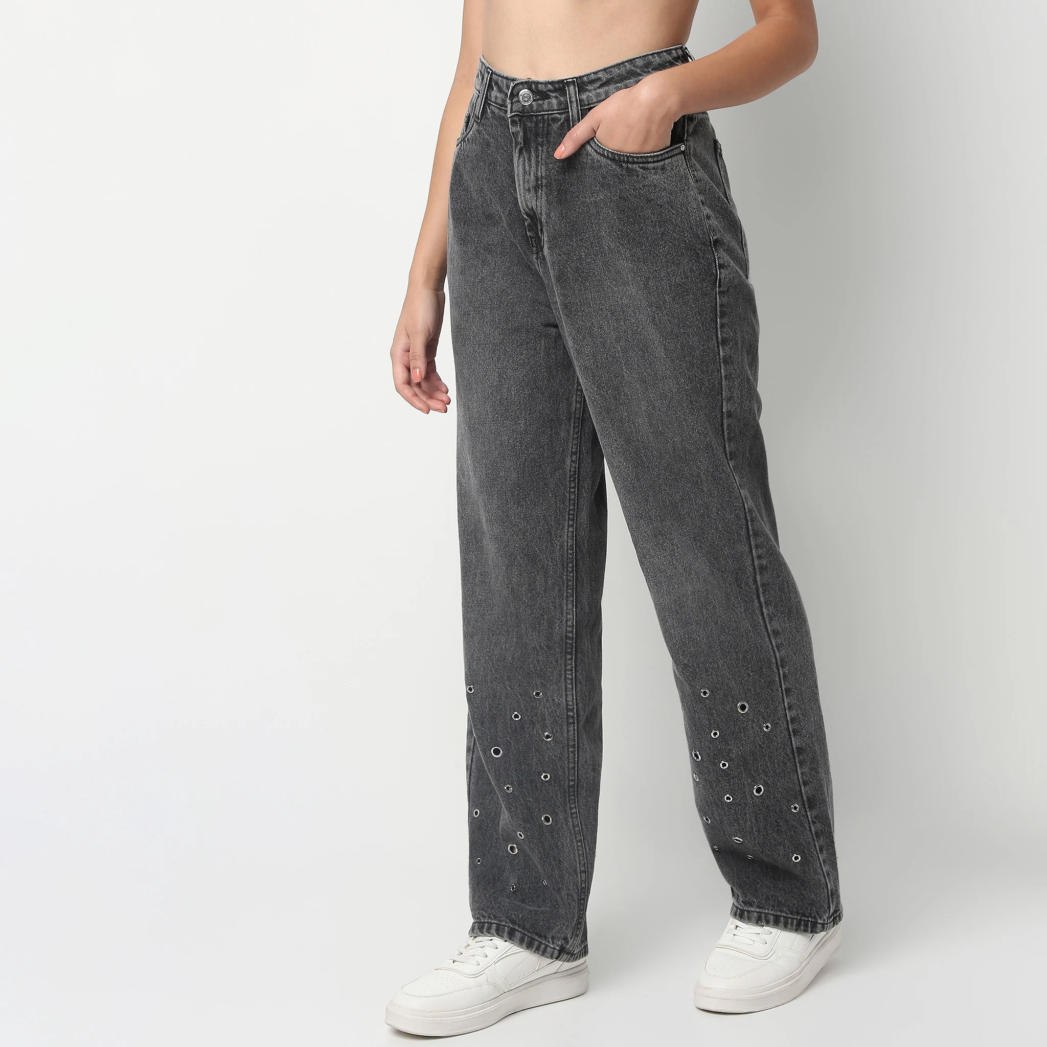 Full Length Straight Fit Pinholes Solid Jeans - Image 5