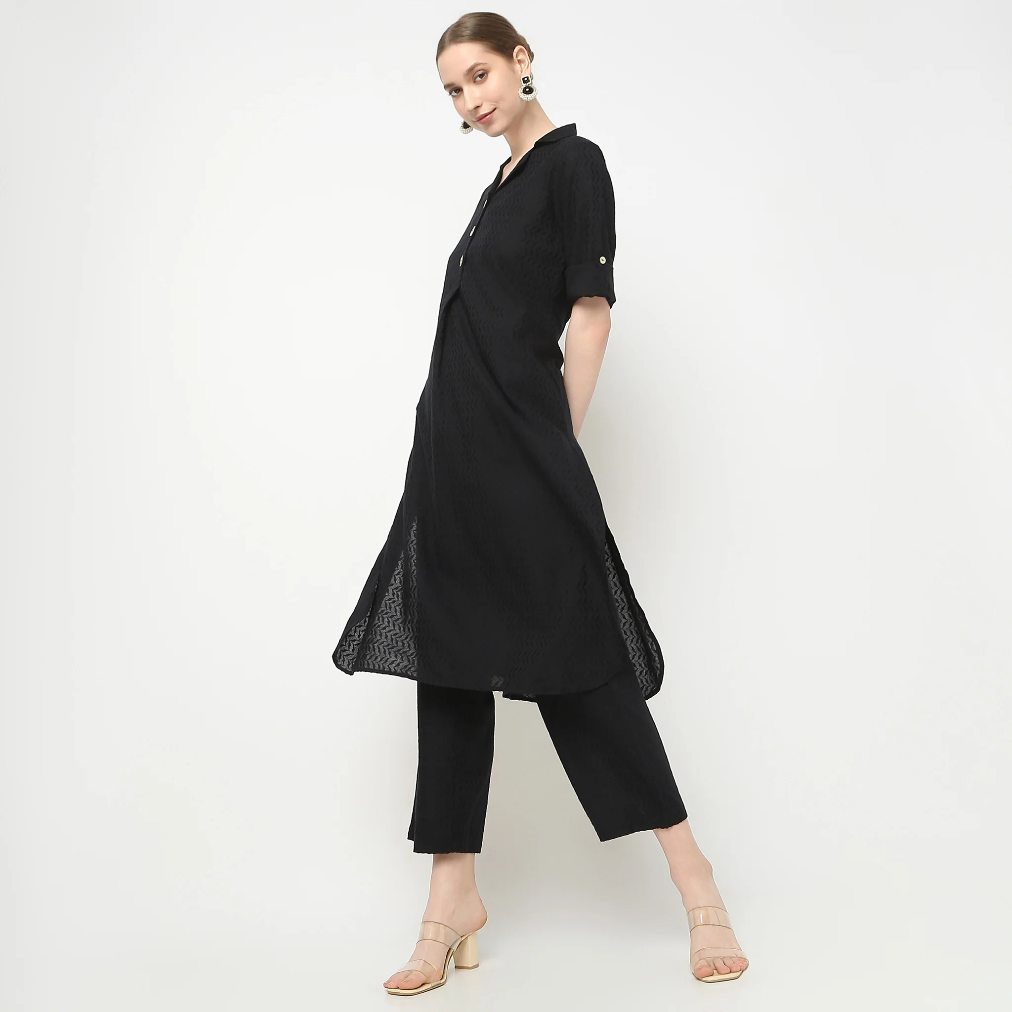 Straight Fit Shirt Collar Kurta With Pant Set