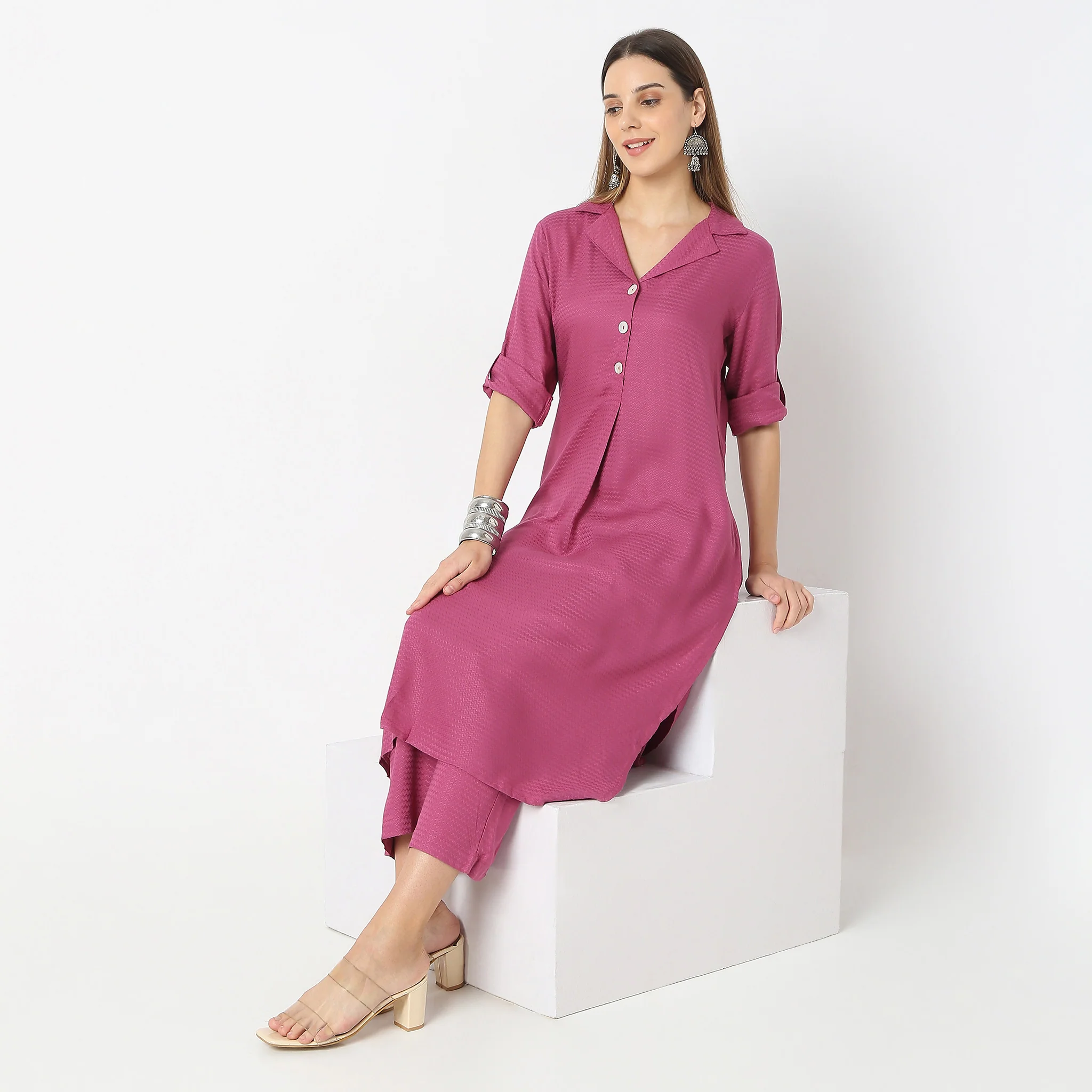 Straight Fit Traditional Lapel Collar Kurta With Pant Set
