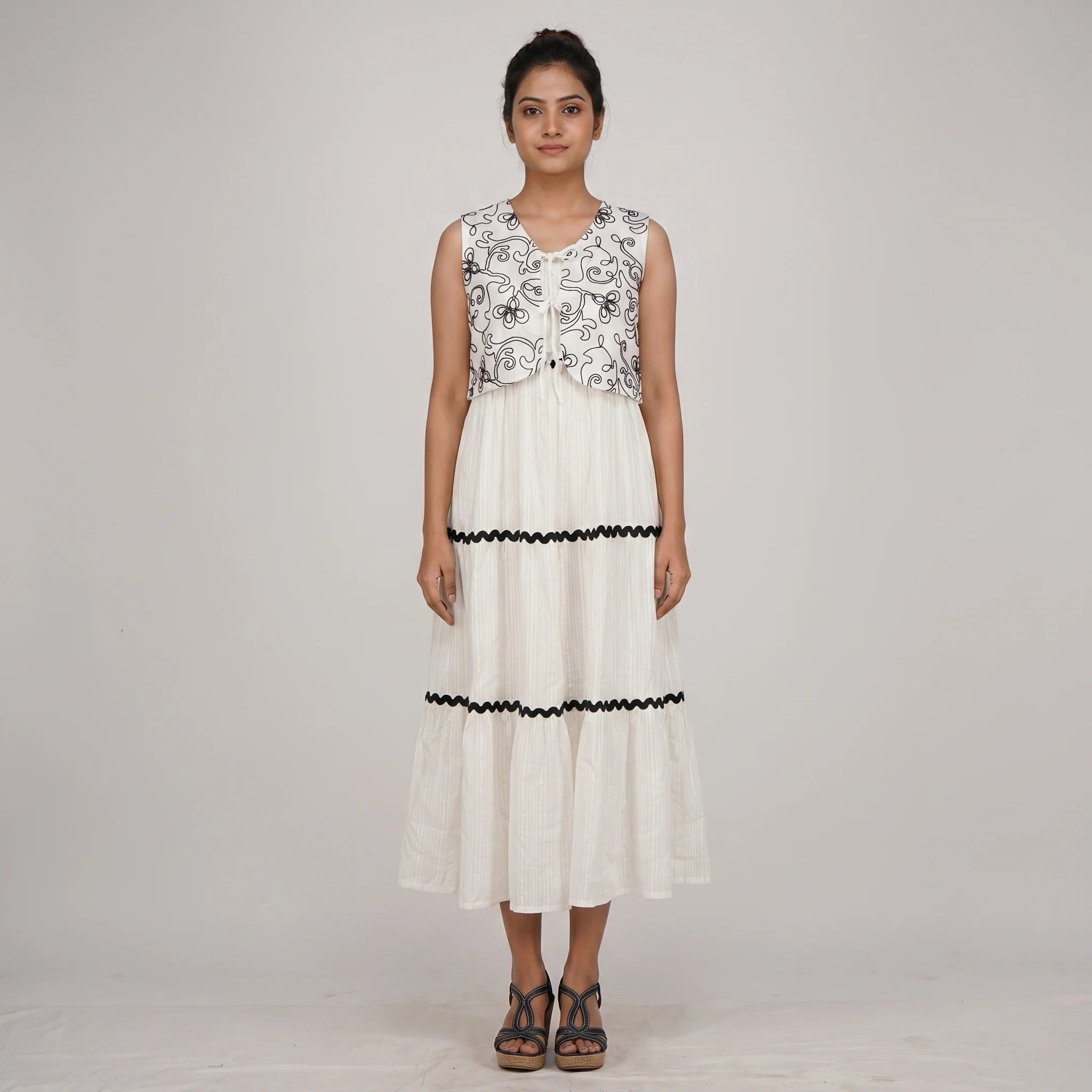Strappy Tiered Dress With Embroidered Shrug