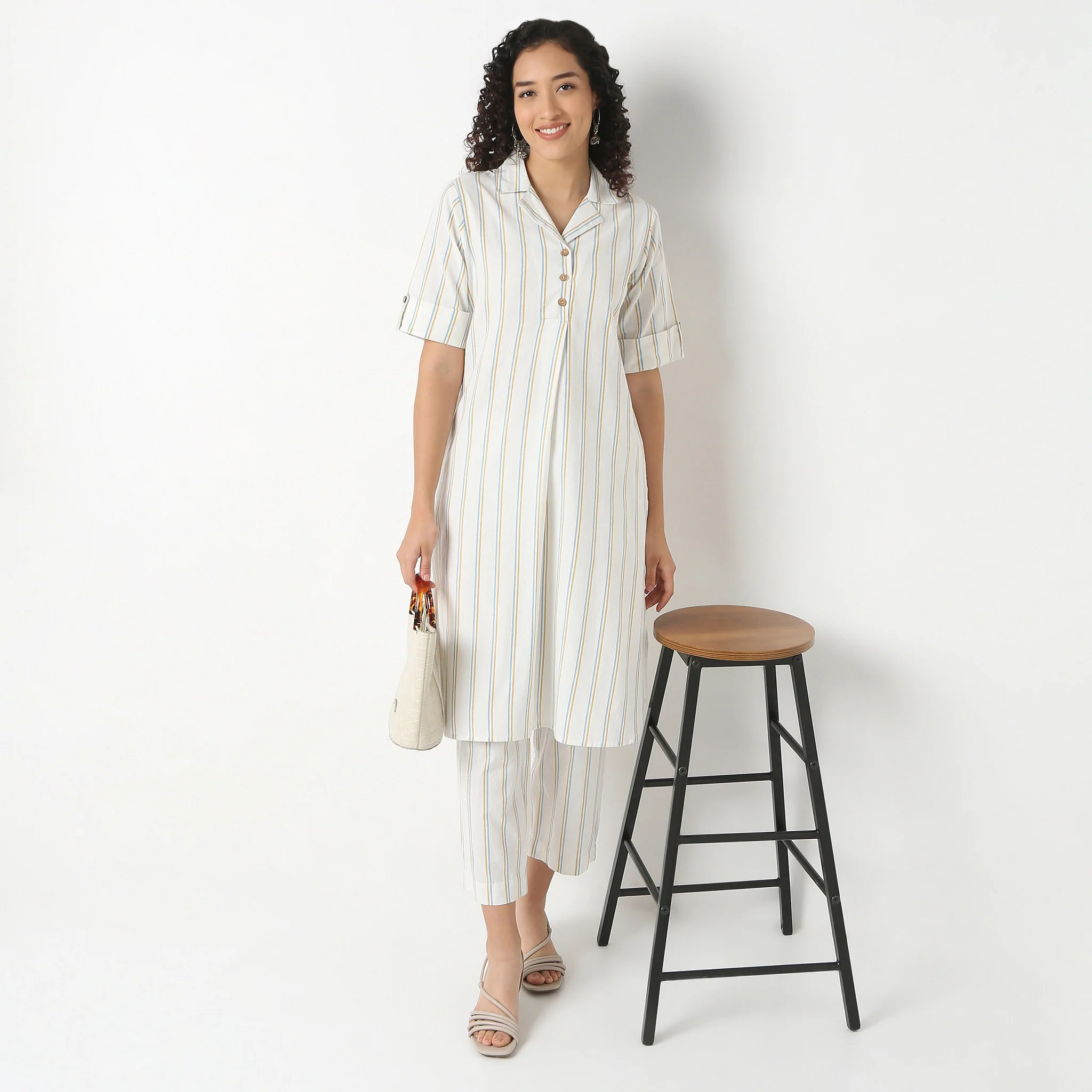 Striped Lapel Collar Kurta With Pant Set