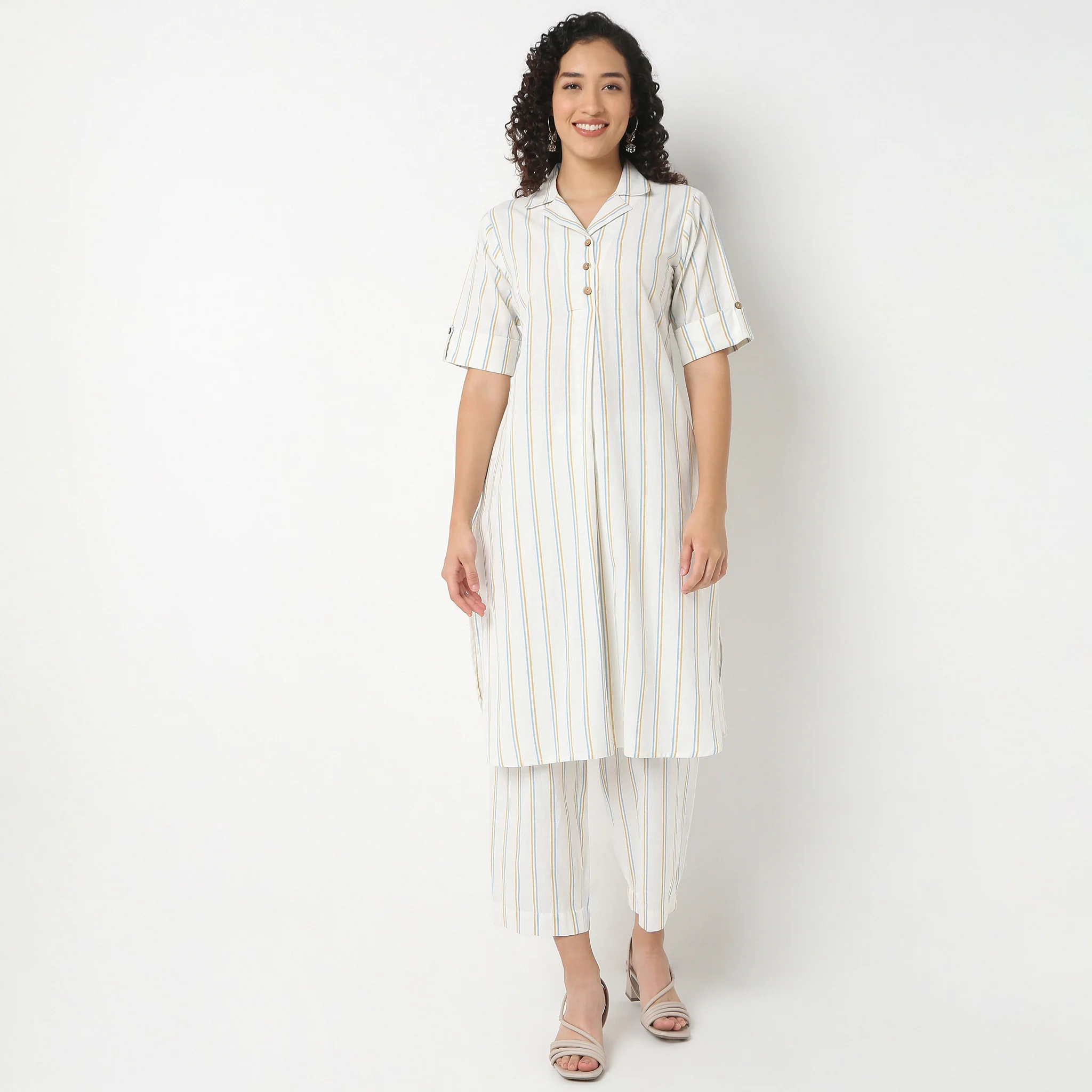 Striped Lapel Collar Kurta With Pant Set - Image 2