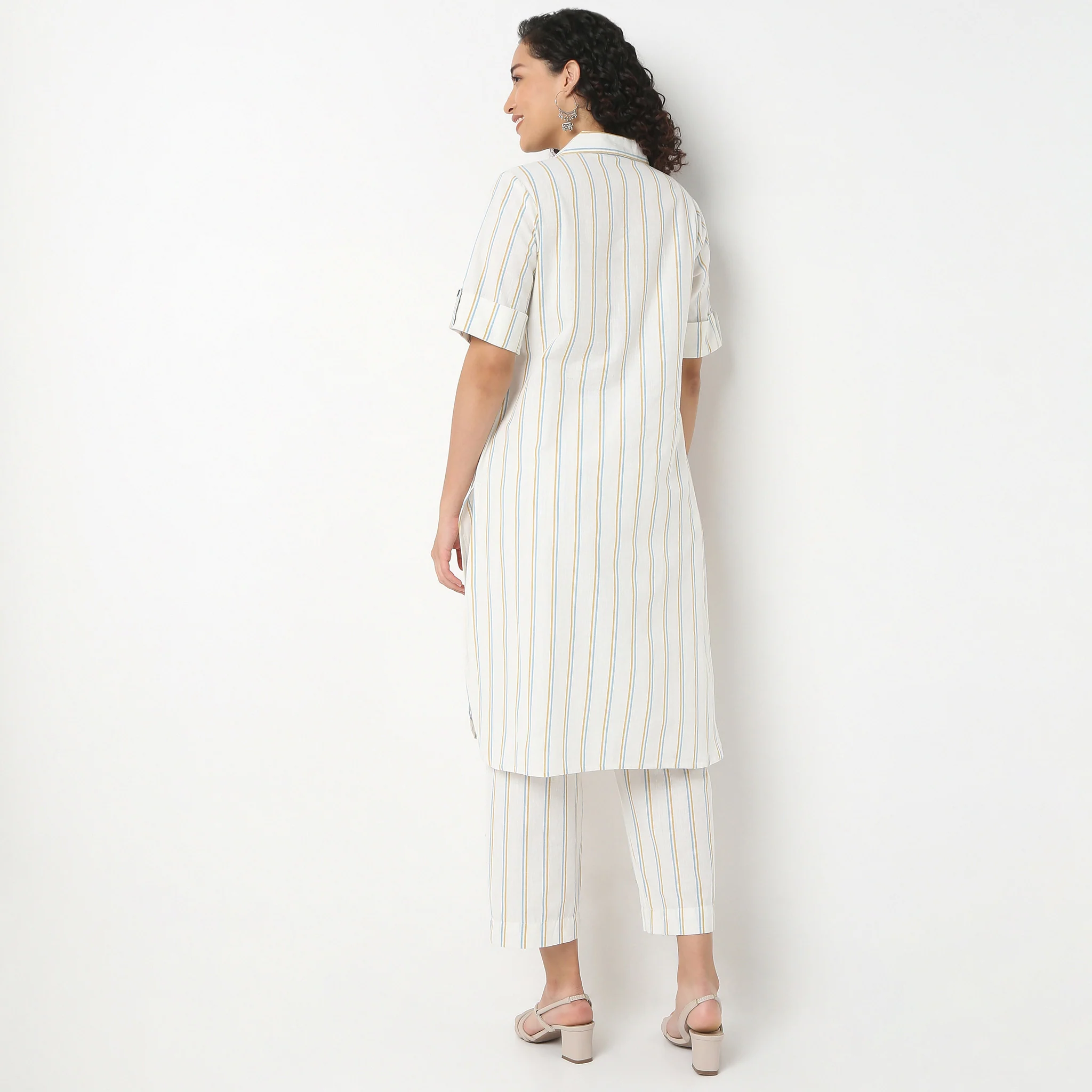 Striped Lapel Collar Kurta With Pant Set - Image 3