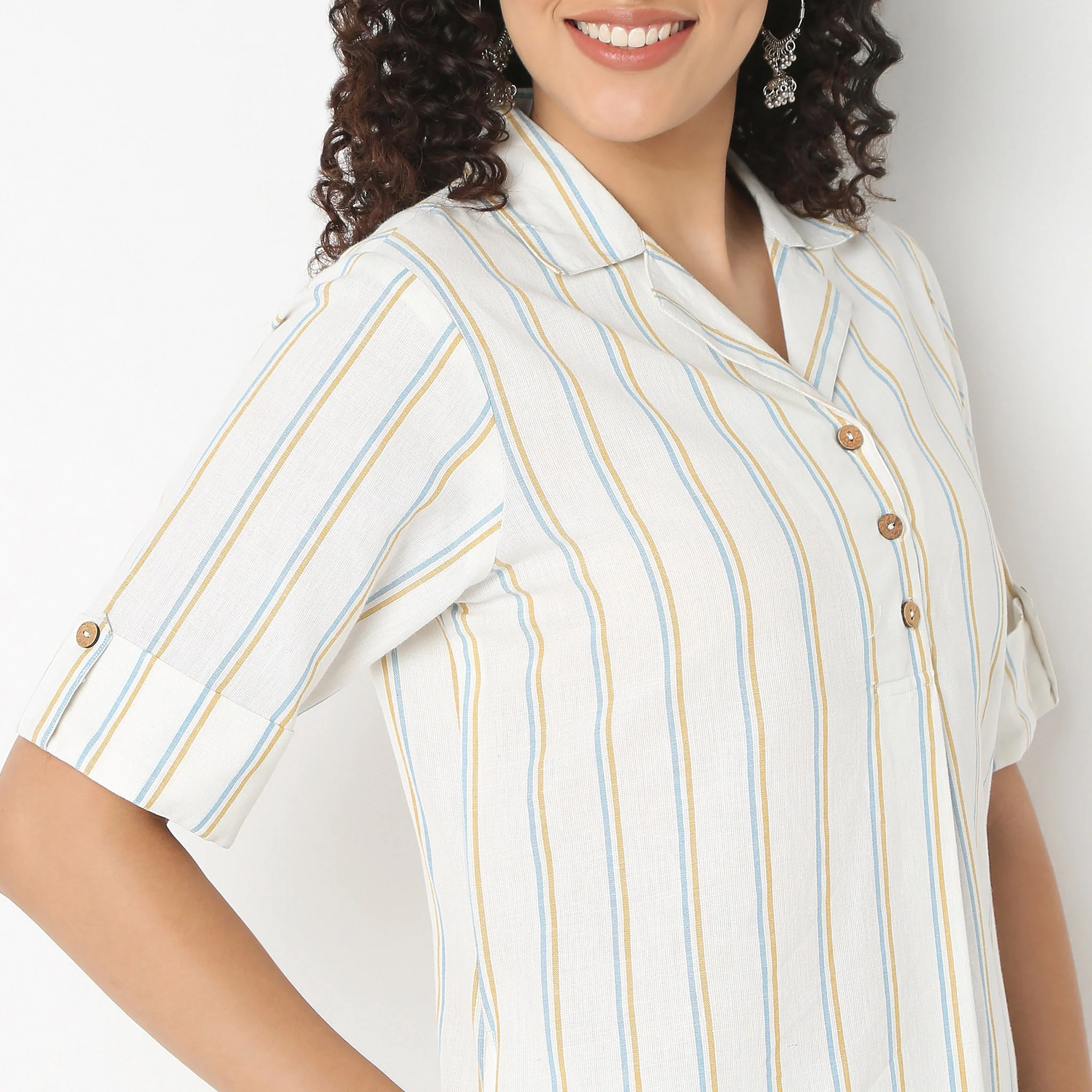 Striped Lapel Collar Kurta With Pant Set - Image 4