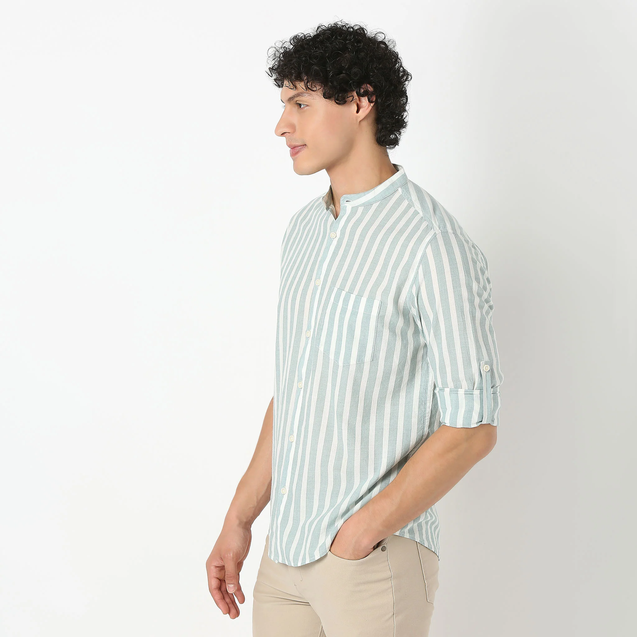 Mandarin Collar Full Sleeve Striped Yarn Dyed Shirt - Image 5