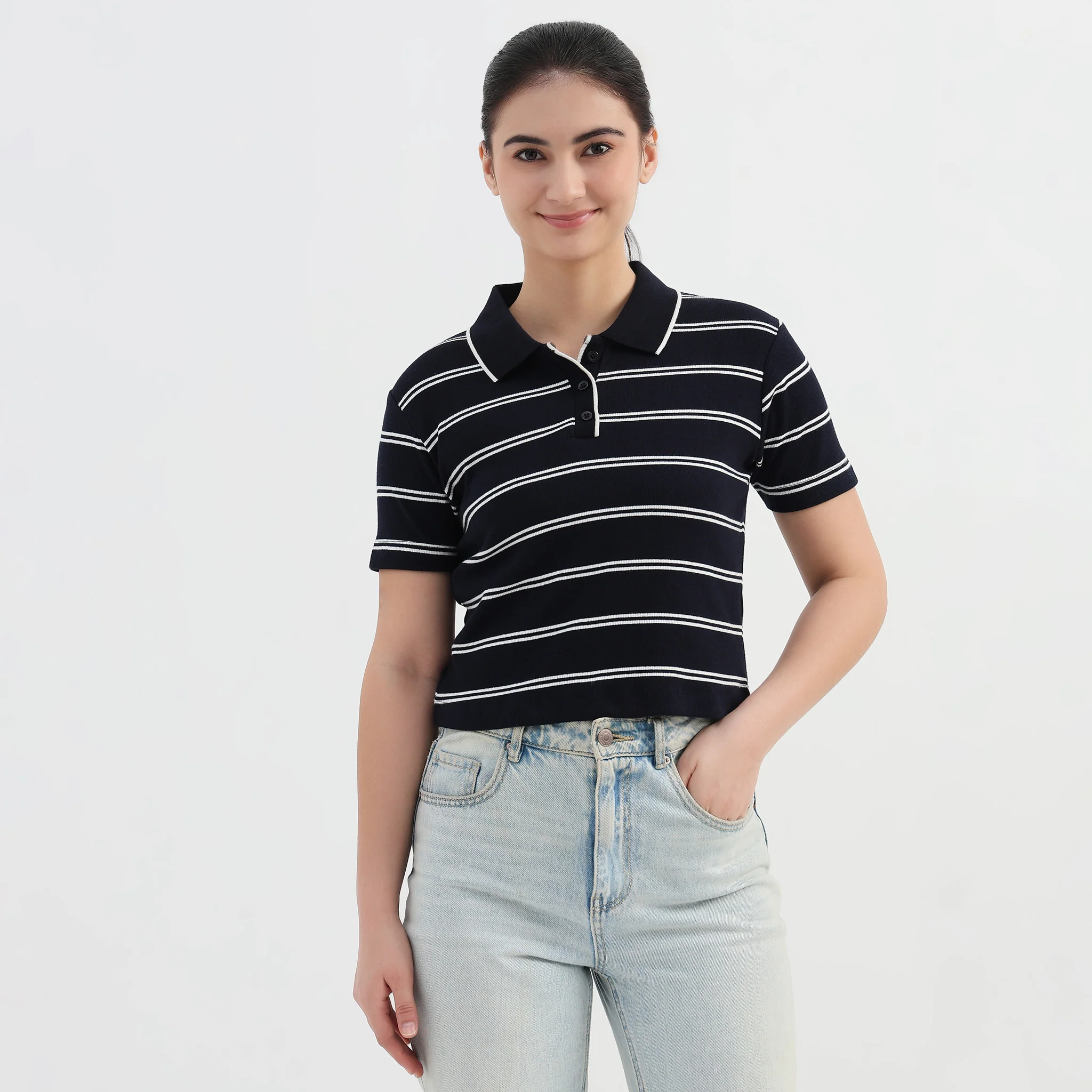 Striped Slim Fit Crop Polo T-Shirt - Image 2