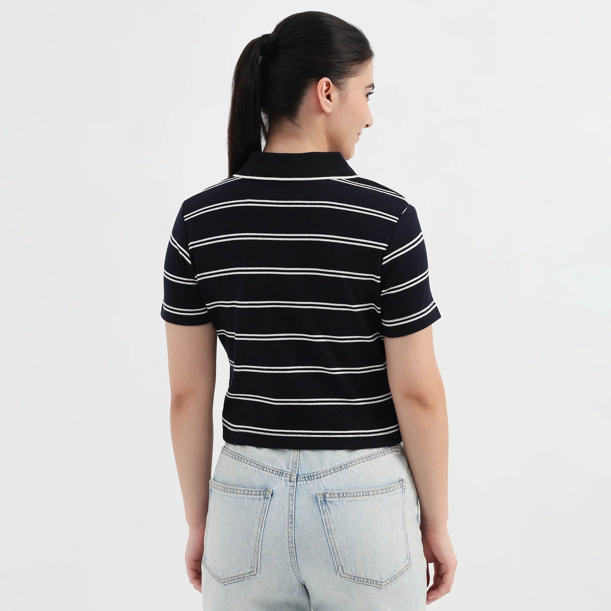 Striped Slim Fit Crop Polo T-Shirt - Image 3