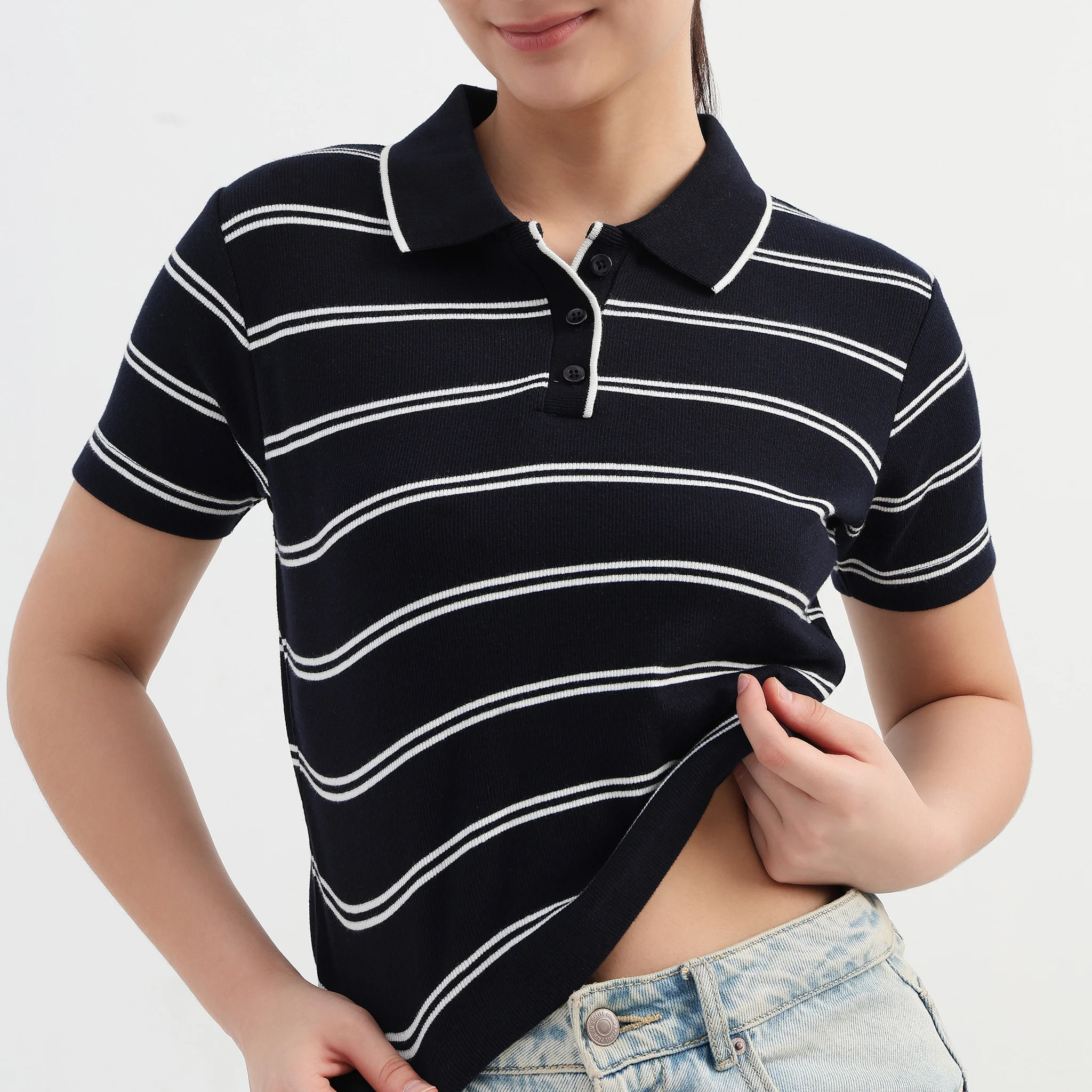 Striped Slim Fit Crop Polo T-Shirt - Image 4