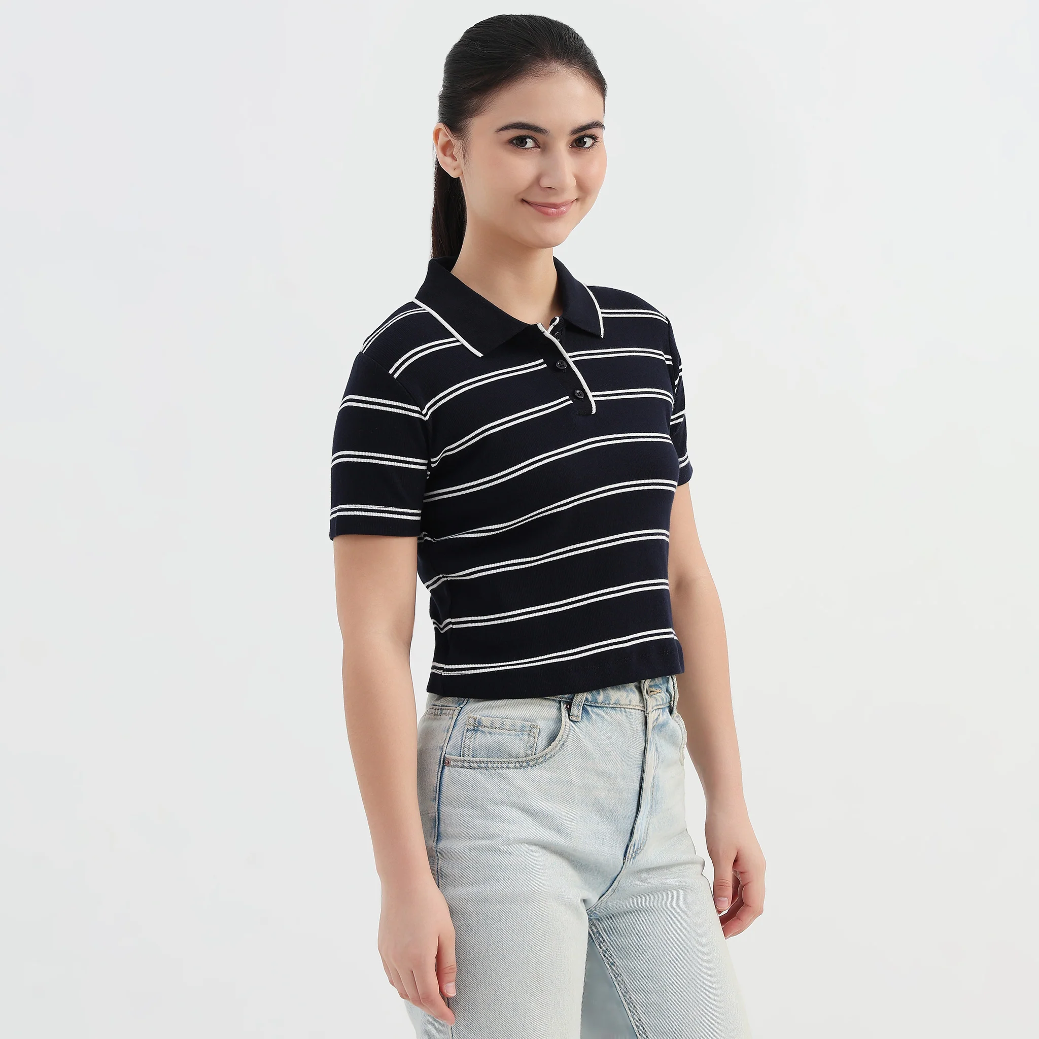Striped Slim Fit Crop Polo T-Shirt - Image 5